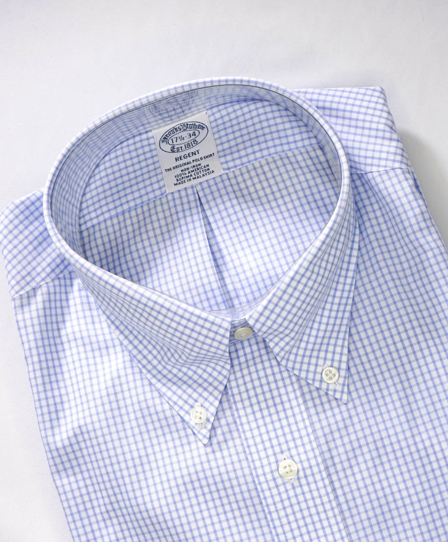 $128 BROOKS BROTHERS - Blue Gingham NON-IRON REGENT Shirt - 17.5 - 34