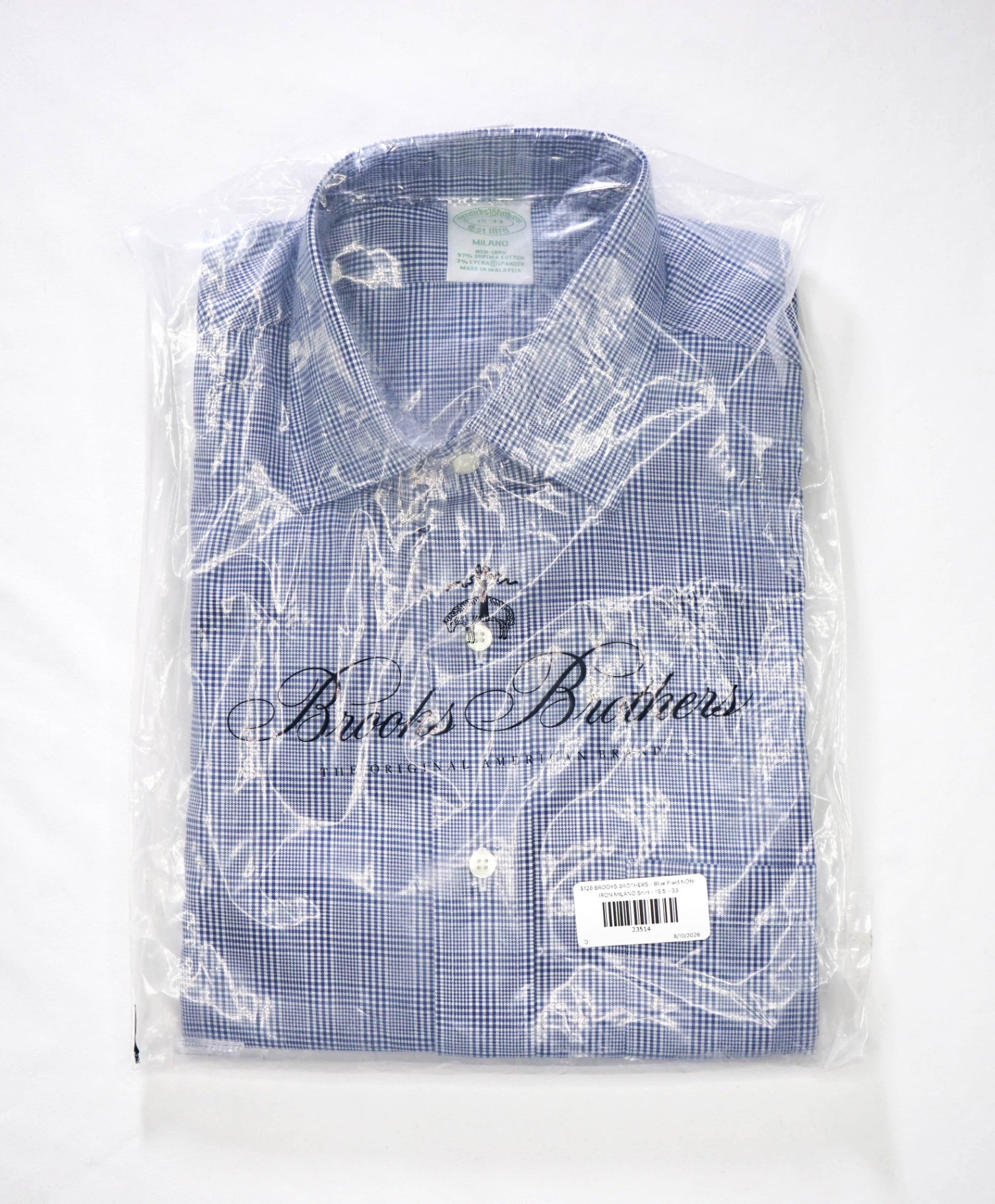 $128 BROOKS BROTHERS - Blue Plaid NON-IRON MILANO Shirt - 15.5 - 33