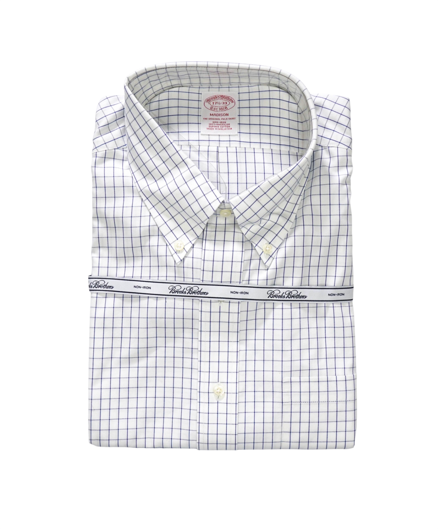 $128 BROOKS BROTHERS - Blue Check NON-IRON MADISON Shirt - 17.5 - 33