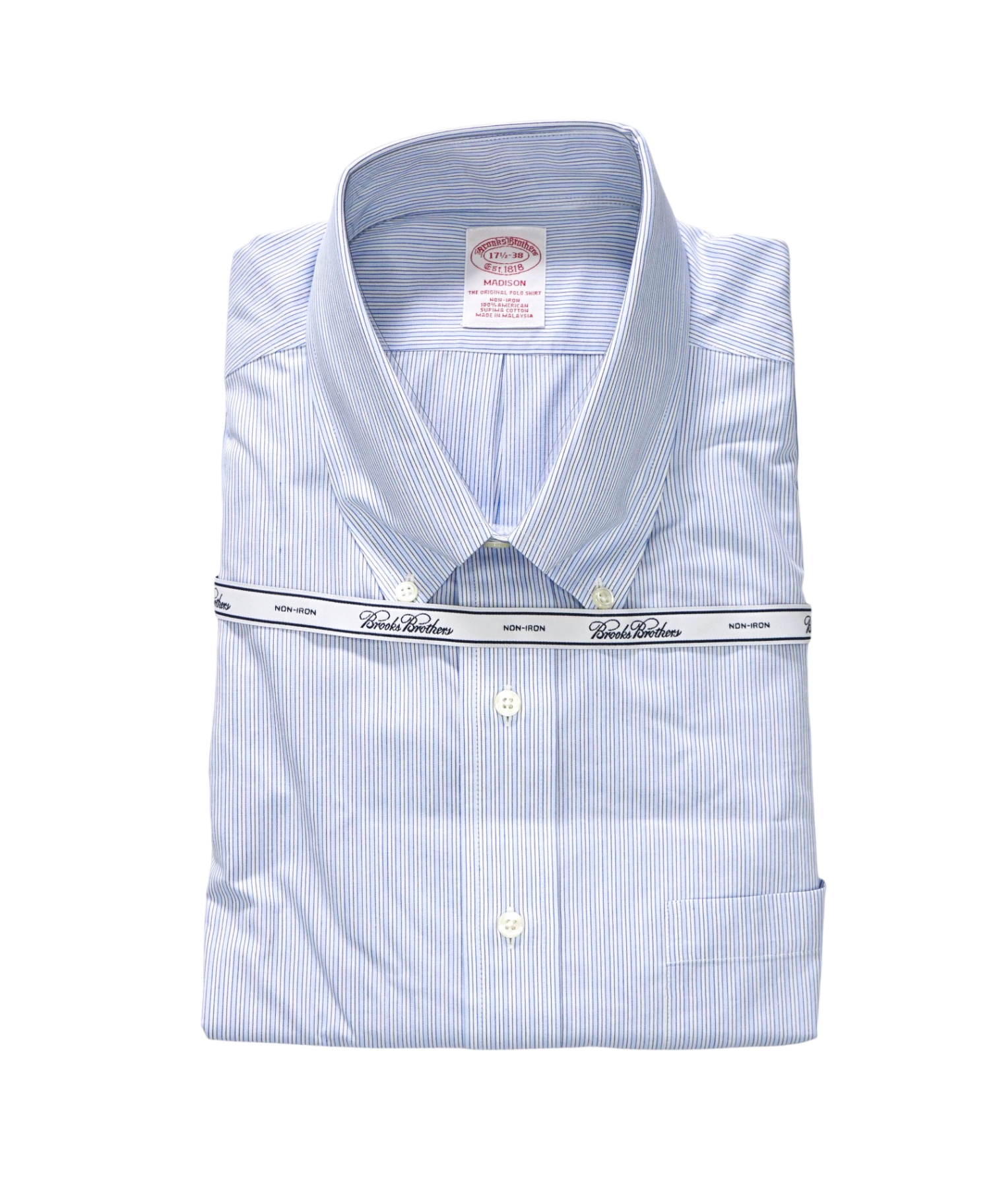 $128 BROOKS BROTHERS - Blue Stripe NON-IRON MADISON Shirt - 17.5 - 38