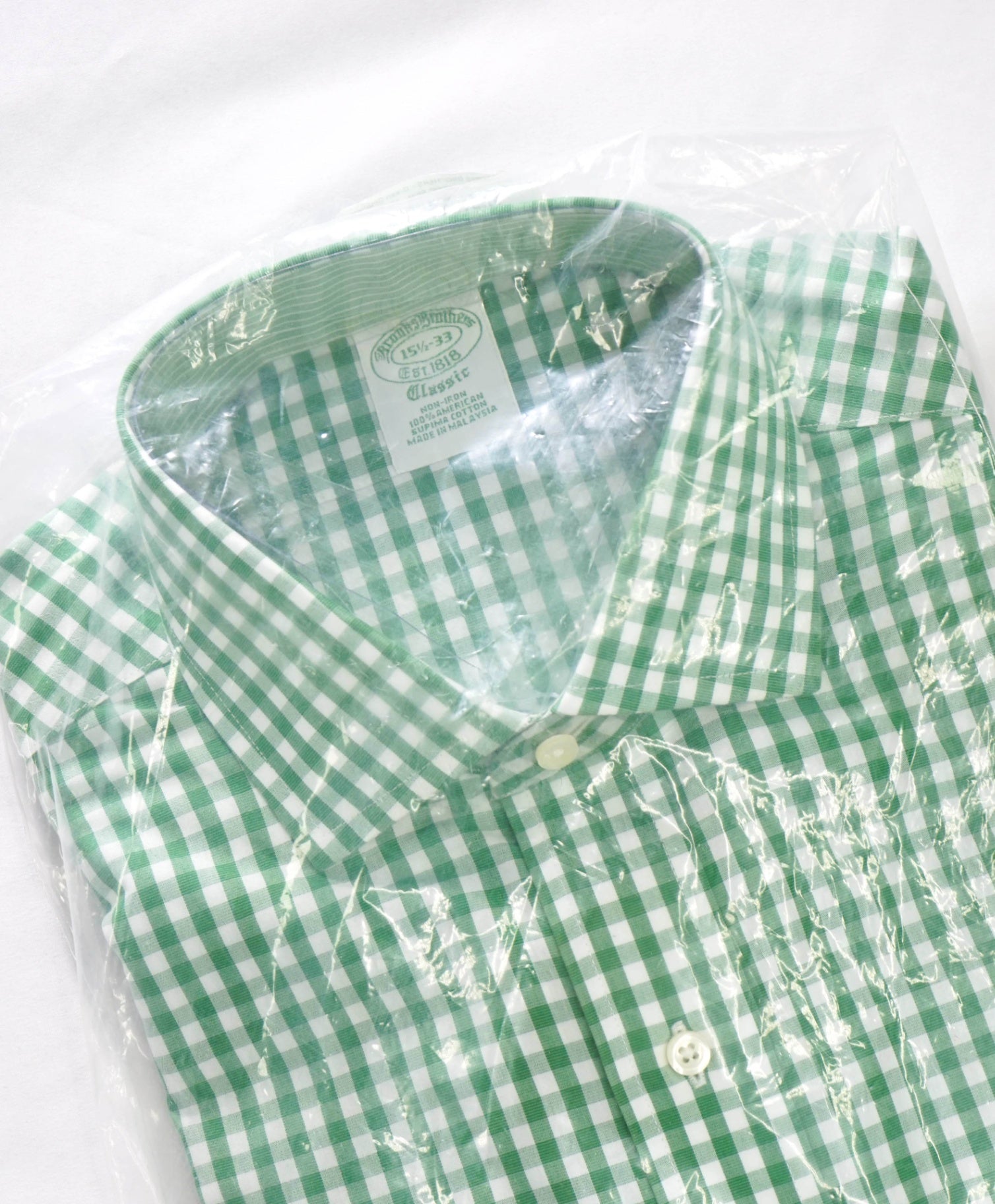 $128 BROOKS BROTHERS - Green Gingham NON-IRON CLASSIC Shirt - 15.5 / 33