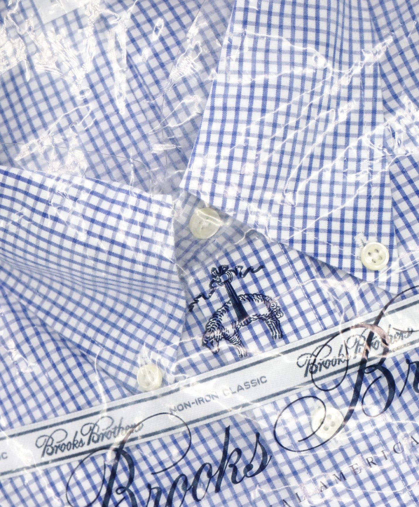 $128 BROOKS BROTHERS - Blue Gingham NON-IRON CLASSIC Shirt - 17.5 - 38