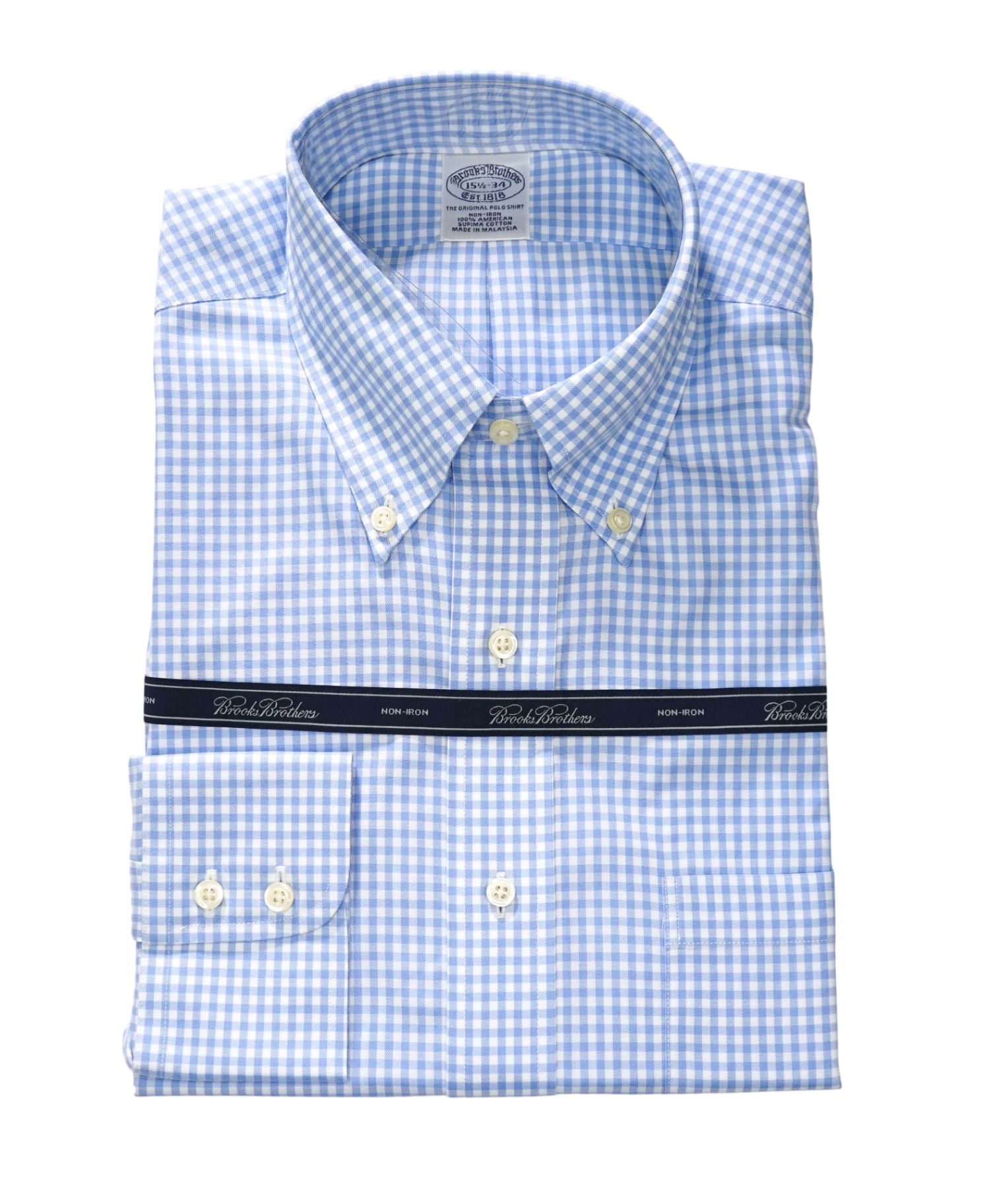 $128 BROOKS BROTHERS - Blue Gingham NON-IRON Shirt - 15.5 - 34
