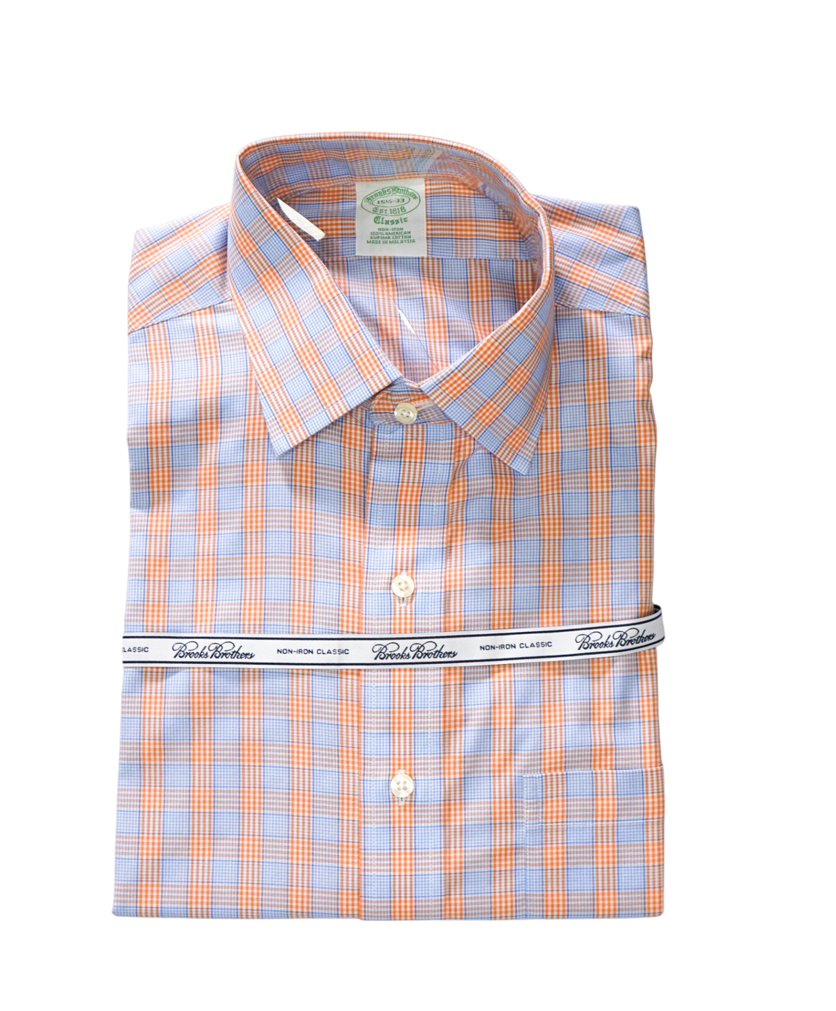 $128 BROOKS BROTHERS - Blue/Orange Plaid NON-IRON CLASSIC Shirt - 15.5 / 33