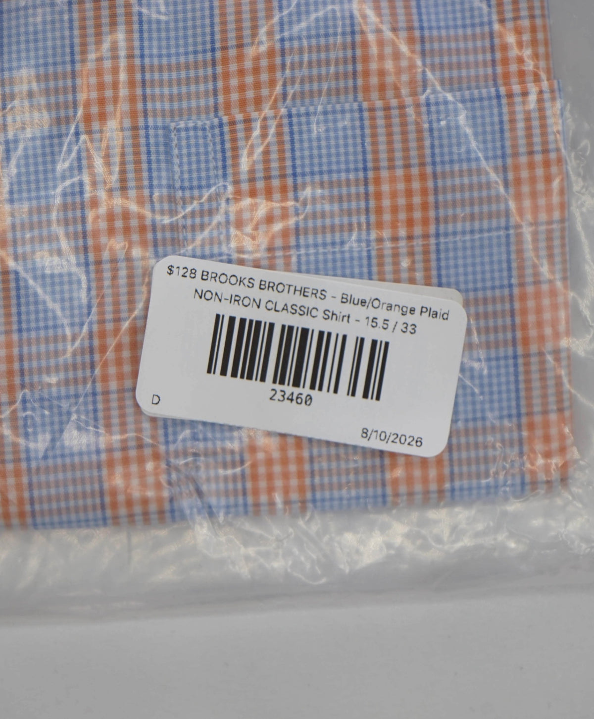 $128 BROOKS BROTHERS - Blue/Orange Plaid NON-IRON CLASSIC Shirt - 15.5 / 33