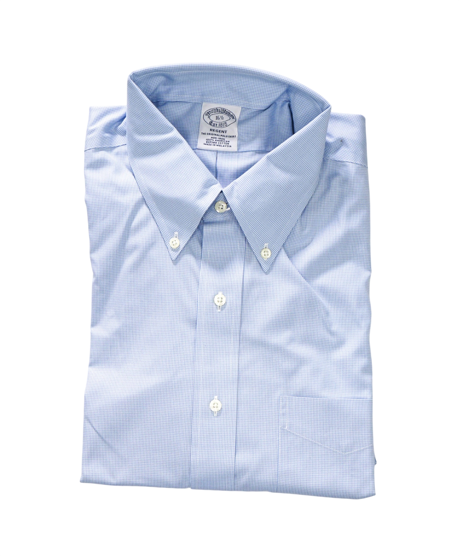 $128 BROOKS BROTHERS - Light Blue Micro Houndstooth NON-IRON REGENT Short-Sleeve Shirt - 16.5
