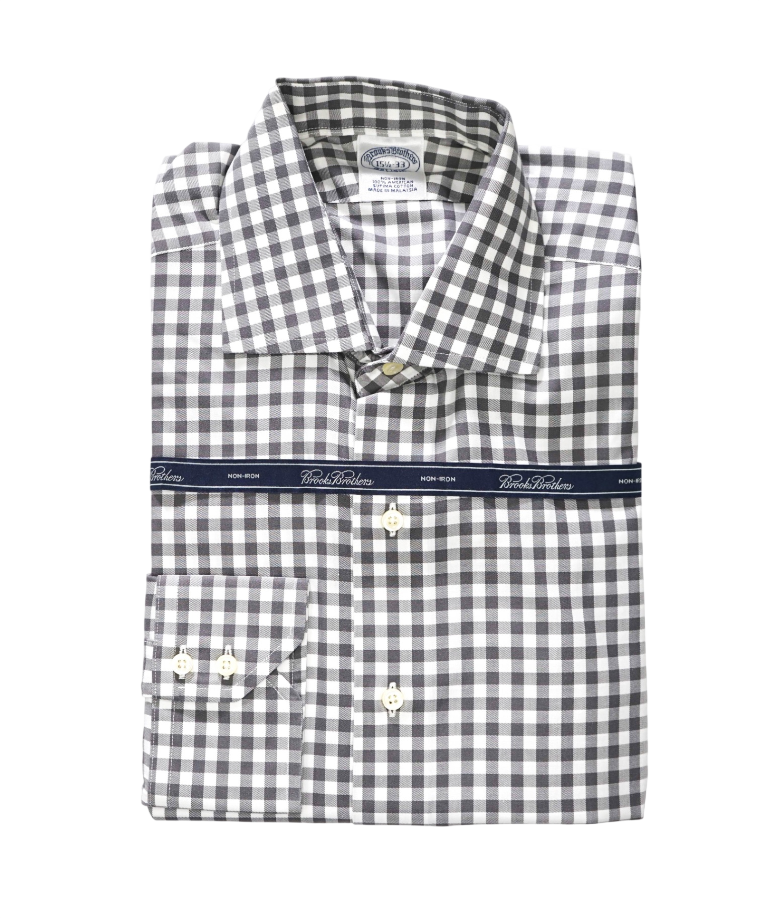 $128 BROOKS BROTHERS - Gray Gingham NON-IRON Shirt - 15.5 - 33