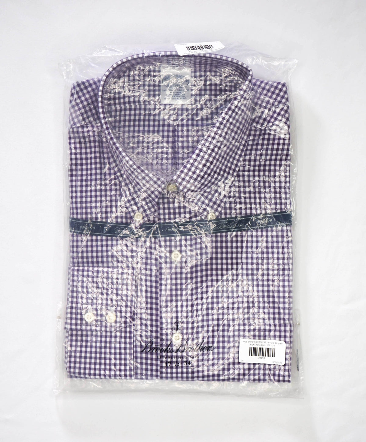 $128 BROOKS BROTHERS - Purple Gingham NON-IRON Shirt - 17.5 - 34