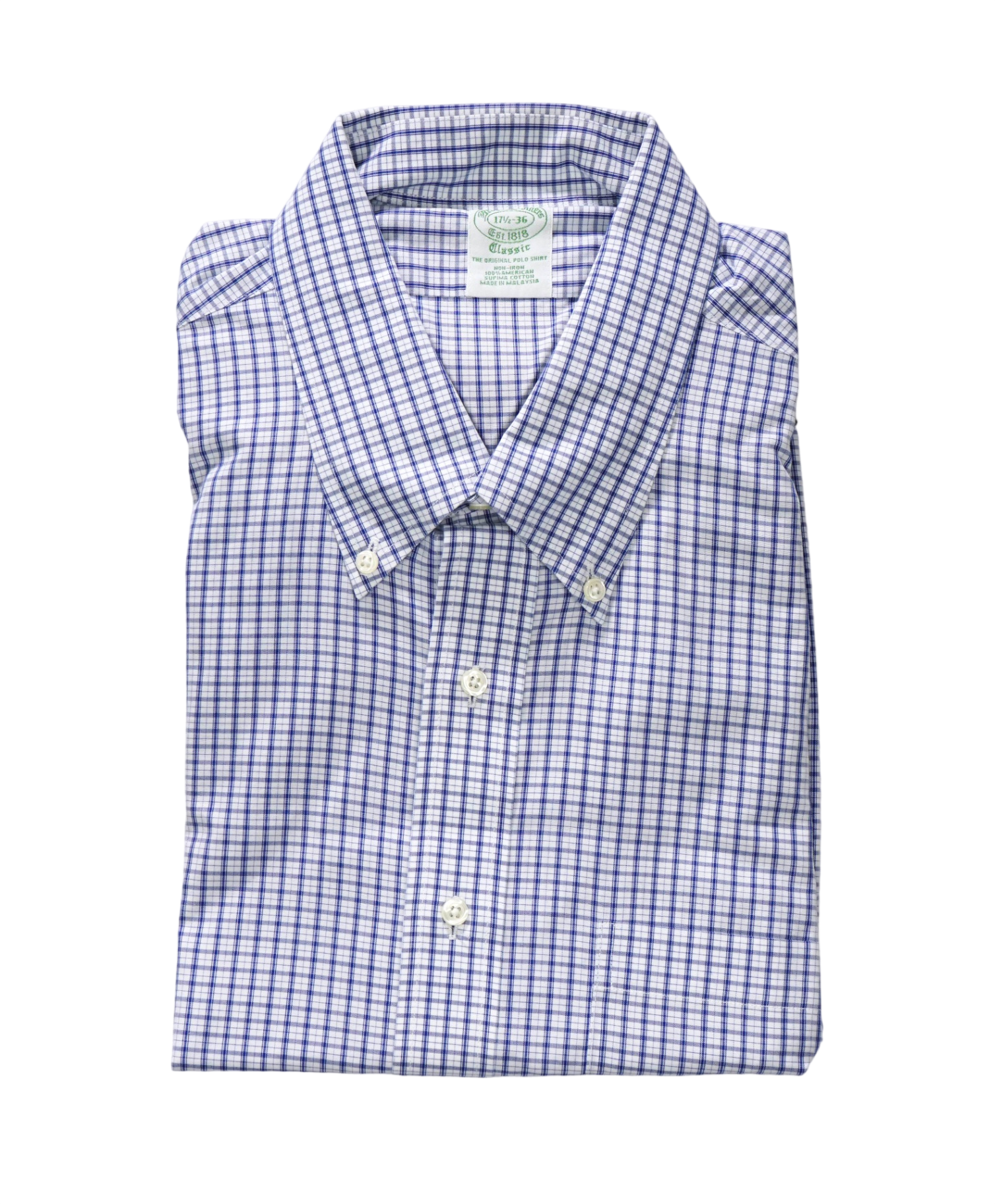 $128 BROOKS BROTHERS - Blue Micro Plaid NON-IRON CLASSIC Shirt - 17.5 - 36