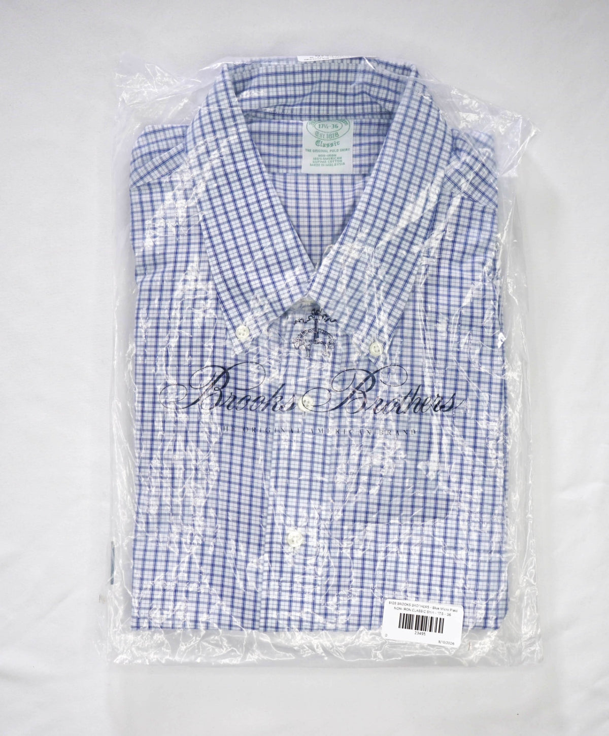 $128 BROOKS BROTHERS - Blue Micro Plaid NON-IRON CLASSIC Shirt - 17.5 - 36