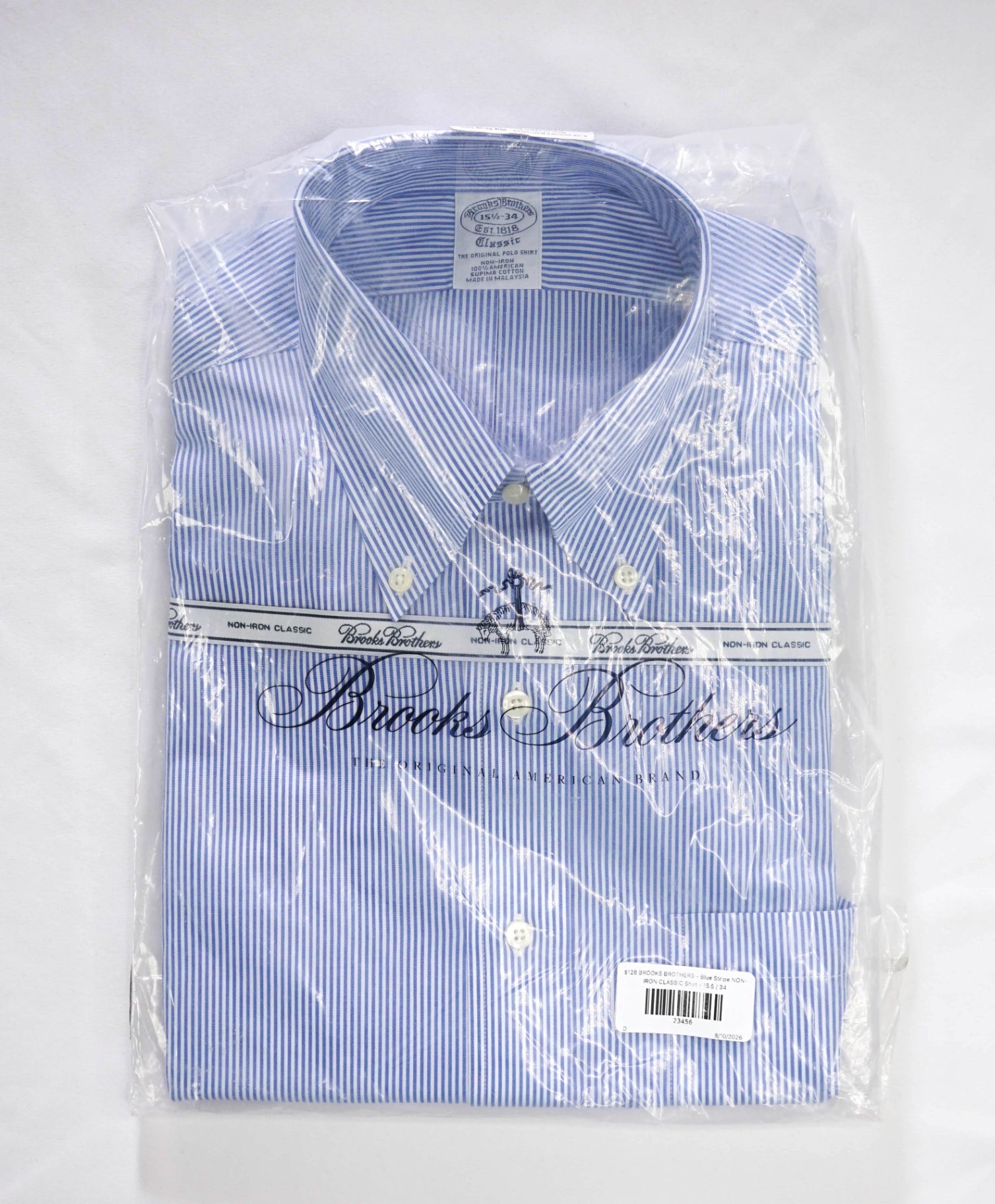 $128 BROOKS BROTHERS - Blue Stripe NON-IRON CLASSIC Shirt - 15.5 / 34