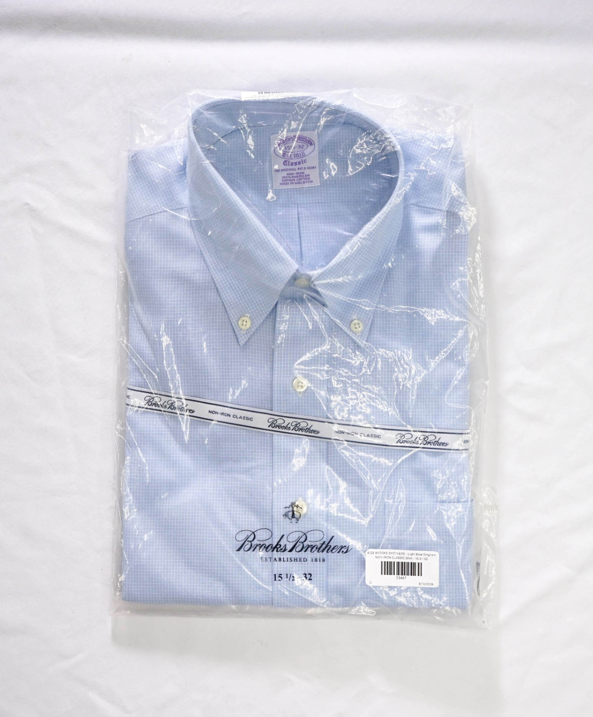 $128 BROOKS BROTHERS - Light Blue Gingham NON-IRON CLASSIC Shirt - 15.5 / 32