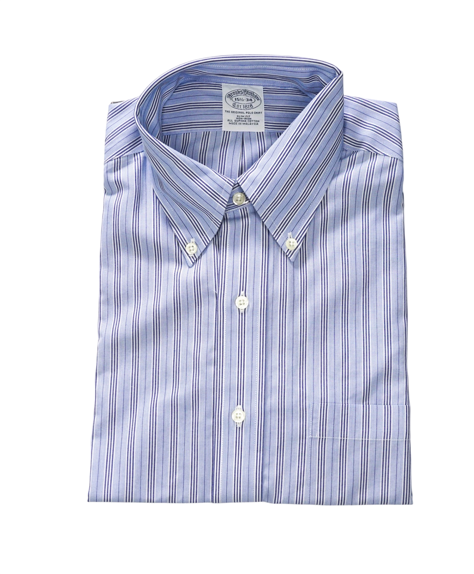 $128 BROOKS BROTHERS - Blue Stripe NON-IRON SLIM FIT Shirt - 15.5 - 34