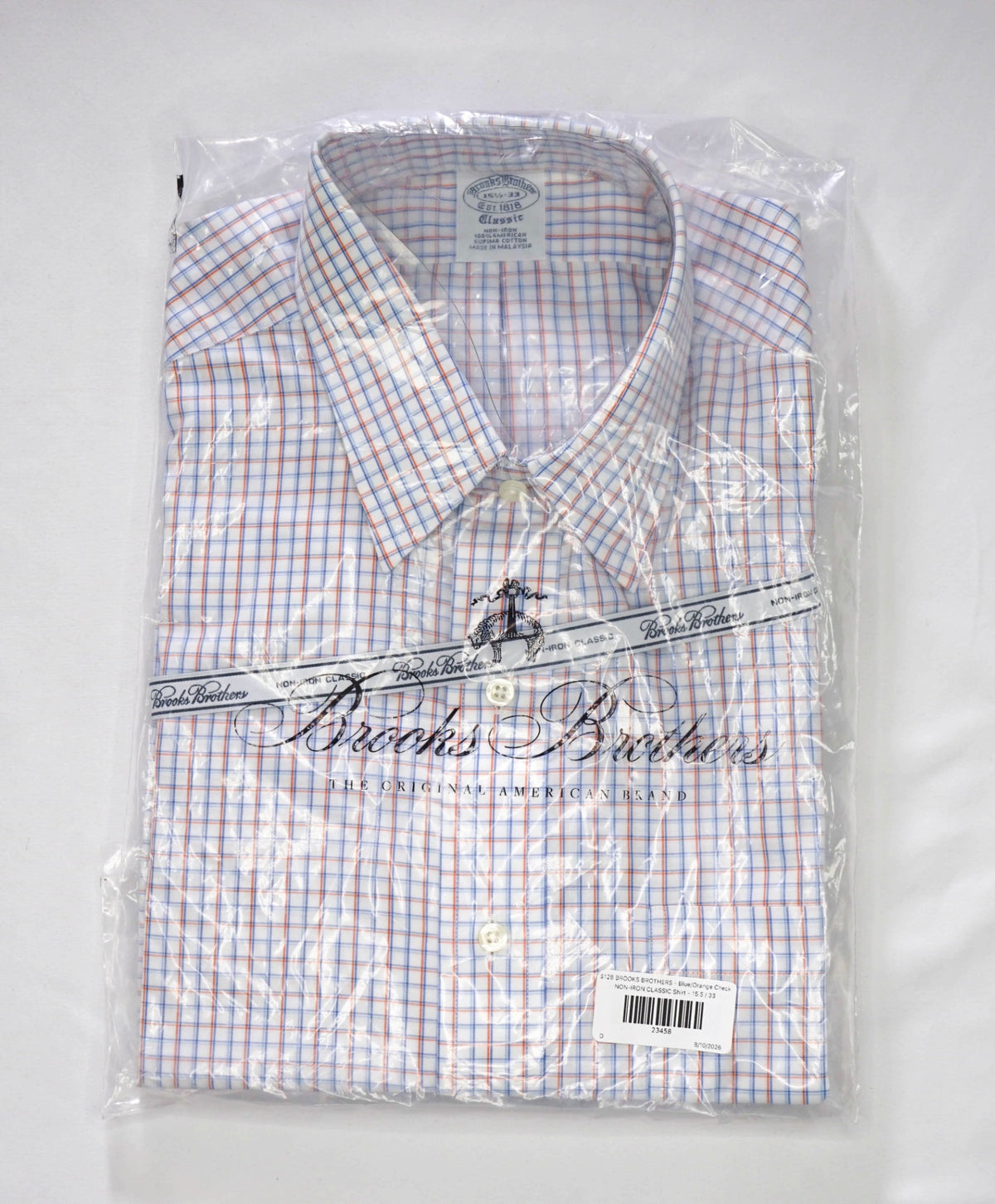 $128 BROOKS BROTHERS - Blue/Orange Check NON-IRON CLASSIC Shirt - 15.5 / 33