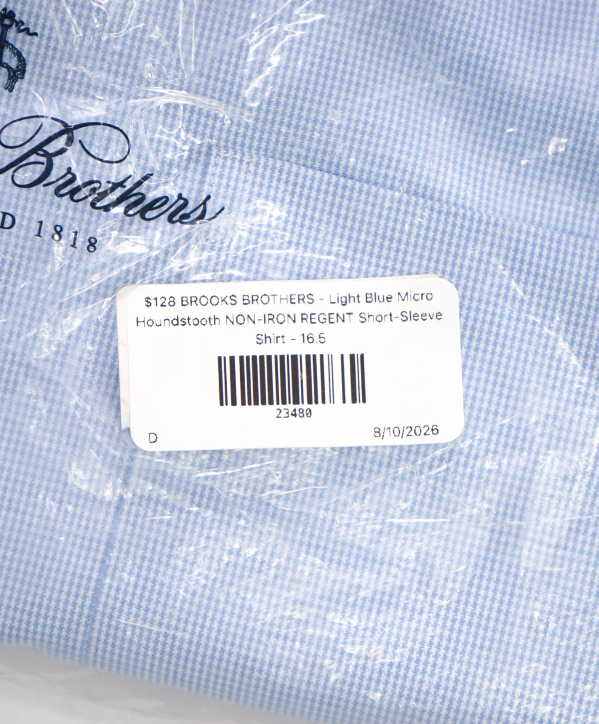 $128 BROOKS BROTHERS - Light Blue Micro Houndstooth NON-IRON REGENT Short-Sleeve Shirt - 16.5