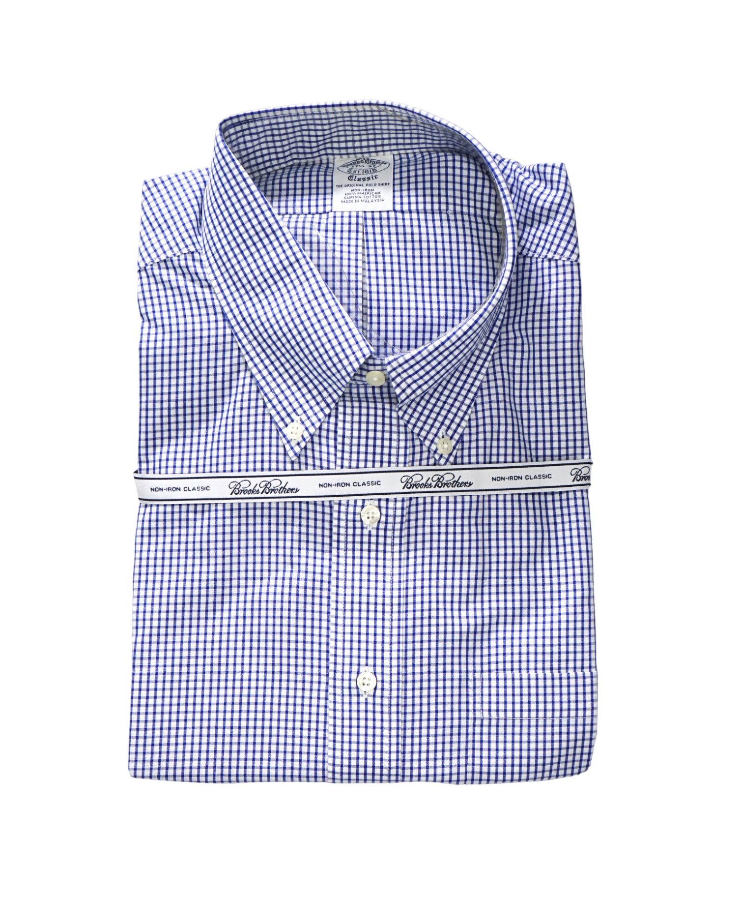 $128 BROOKS BROTHERS - Blue Gingham NON-IRON CLASSIC Shirt - 17.5 - 37
