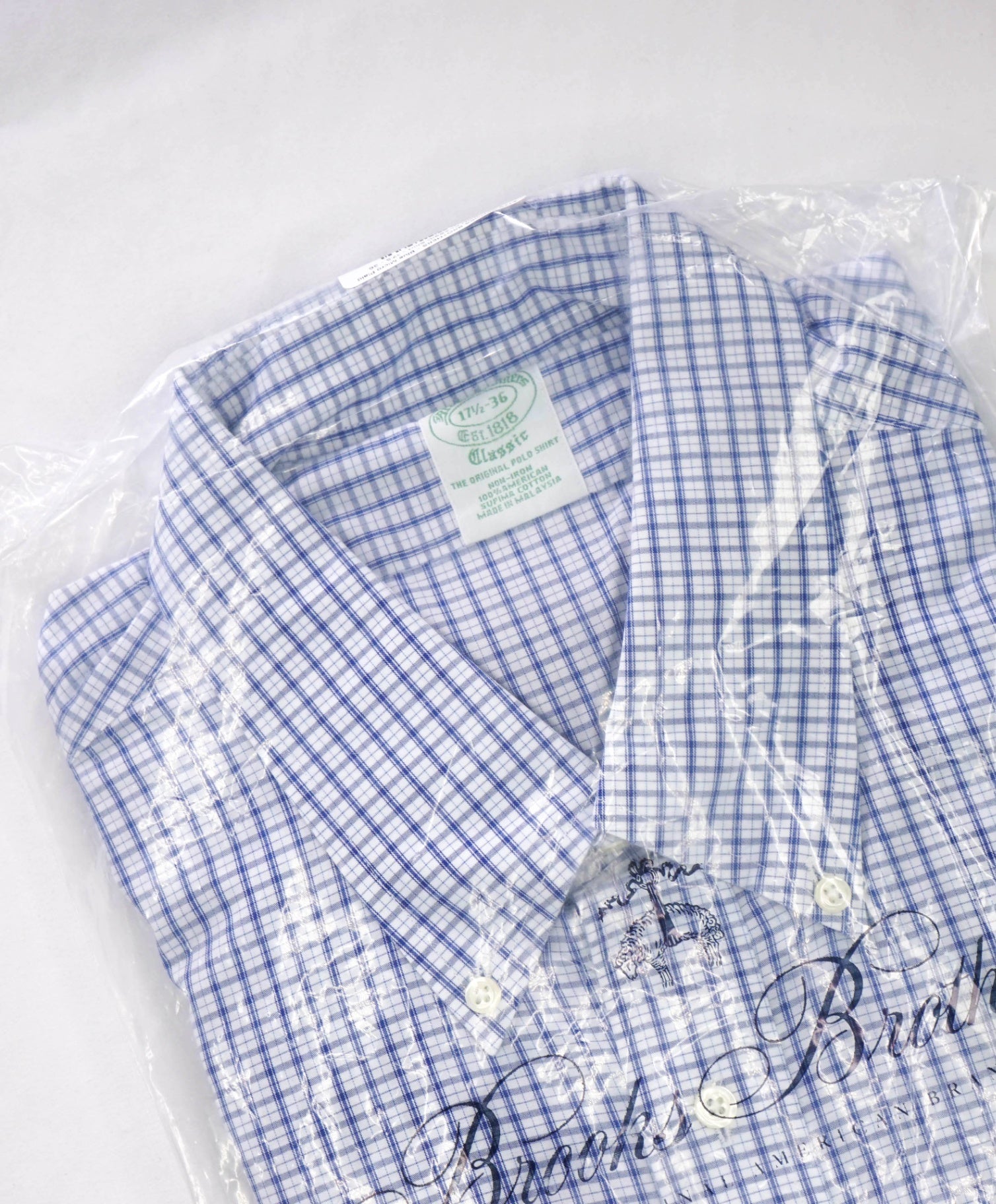 $128 BROOKS BROTHERS - Blue Micro Plaid NON-IRON CLASSIC Shirt - 17.5 - 36