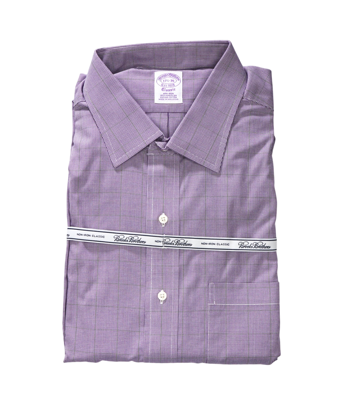 $128 BROOKS BROTHERS - Purple Check NON-IRON CLASSIC Shirt - 17.5 - 36