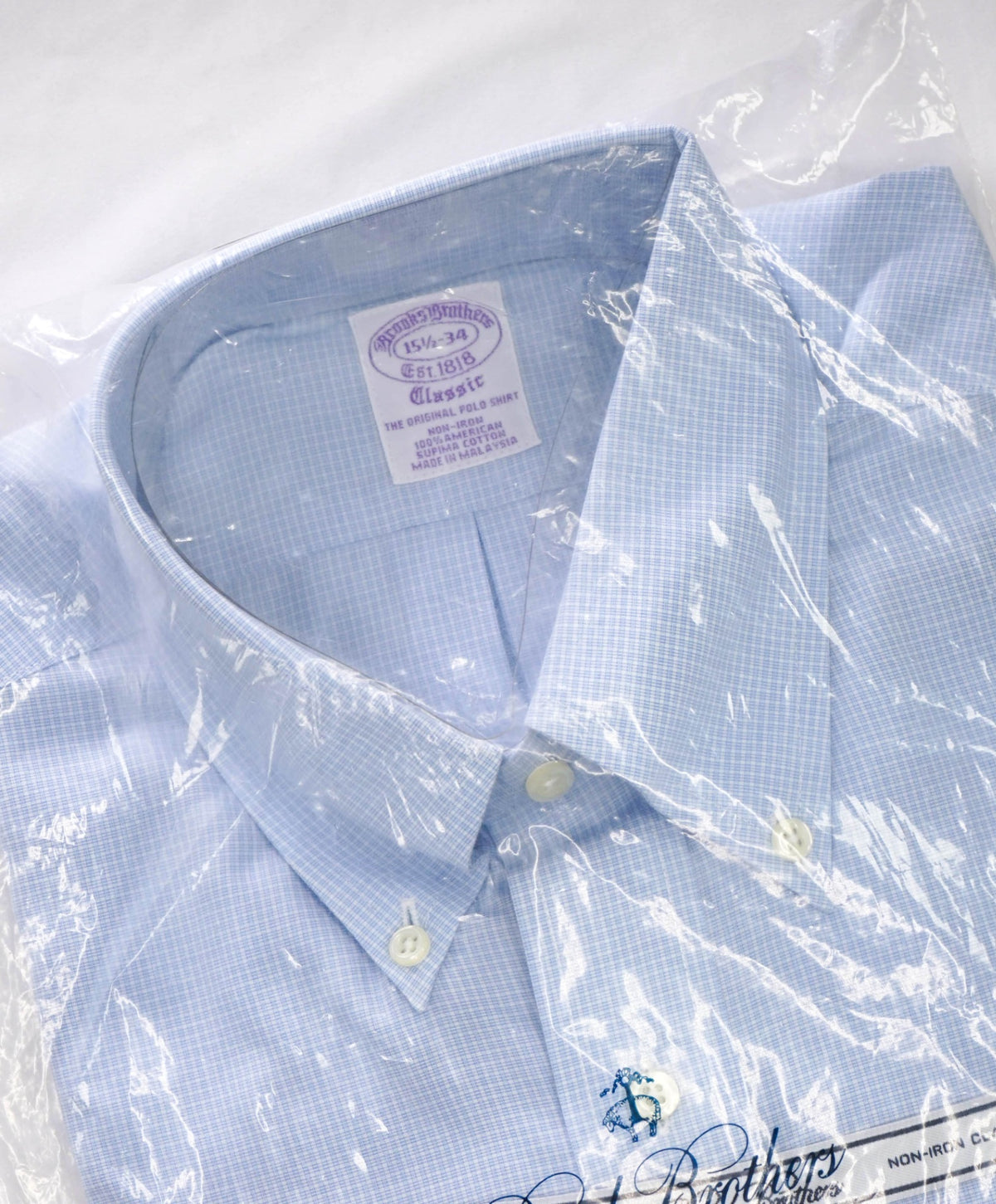 $128 BROOKS BROTHERS - Light Blue Gingham NON-IRON CLASSIC Shirt - 15.5 / 34