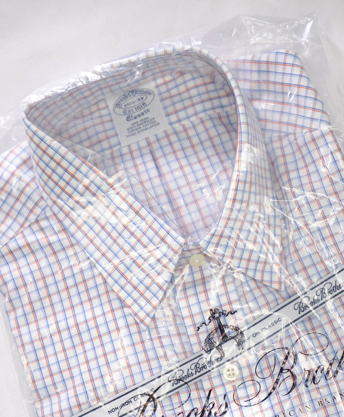 $128 BROOKS BROTHERS - Blue/Orange Check NON-IRON CLASSIC Shirt - 15.5 / 33