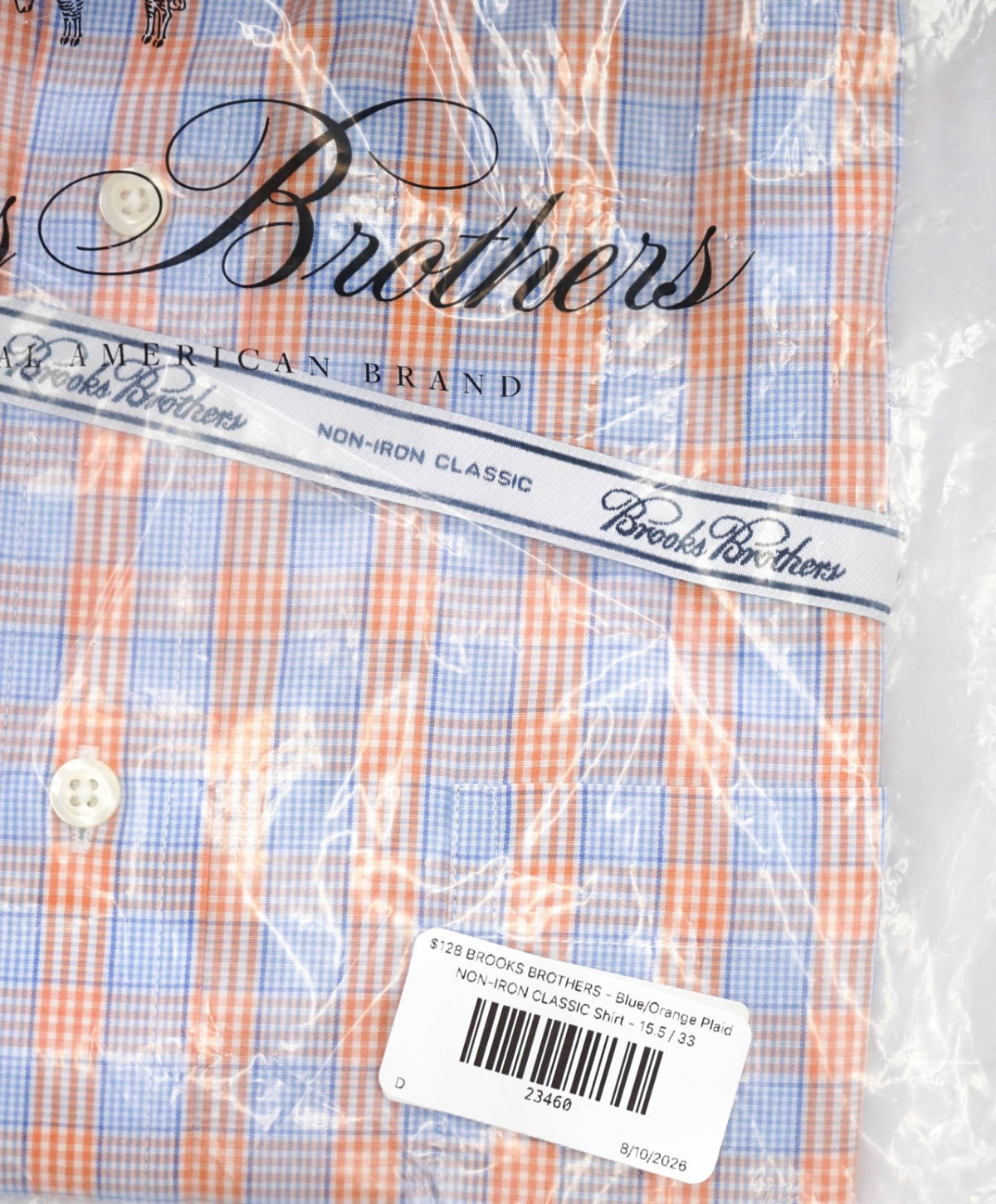 $128 BROOKS BROTHERS - Blue/Orange Plaid NON-IRON CLASSIC Shirt - 15.5 / 33