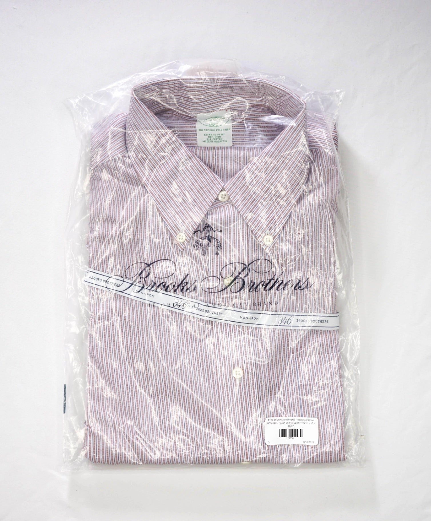 $128 BROOKS BROTHERS - Red/Blue Stripe NON-IRON "346" EXTRA SLIM FIT Shirt - 16 - 36/37