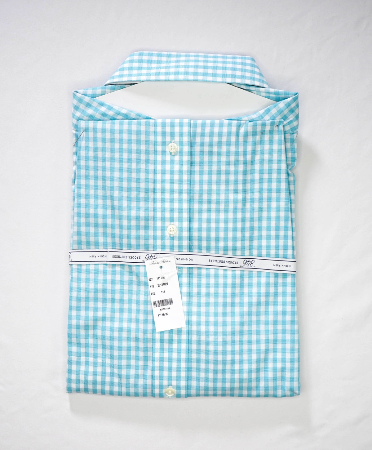 $128 BROOKS BROTHERS - Turquoise Gingham NON-IRON "346" SLIM FIT Shirt - 17 - 36/37