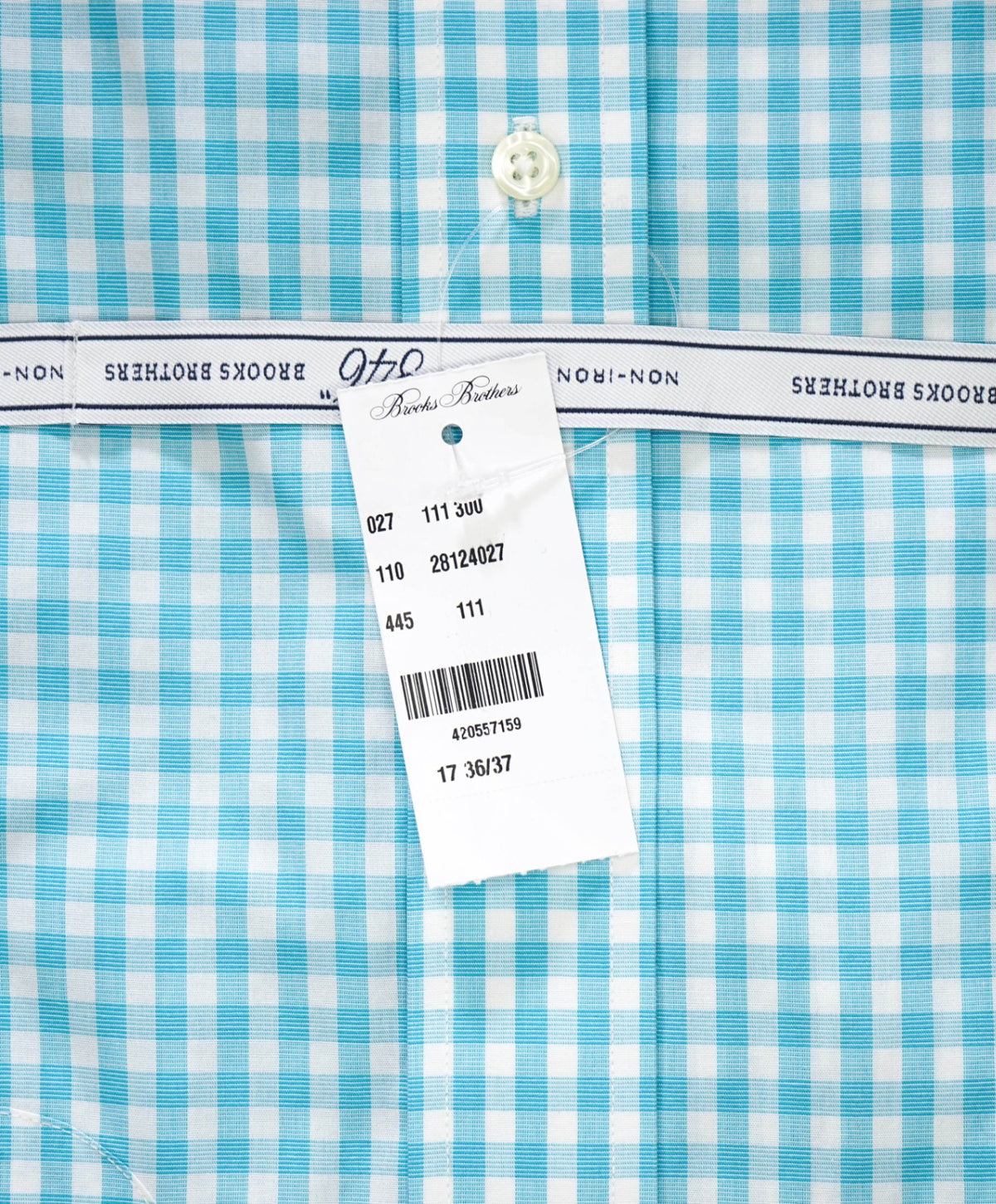 $128 BROOKS BROTHERS - Turquoise Gingham NON-IRON "346" SLIM FIT Shirt - 17 - 36/37