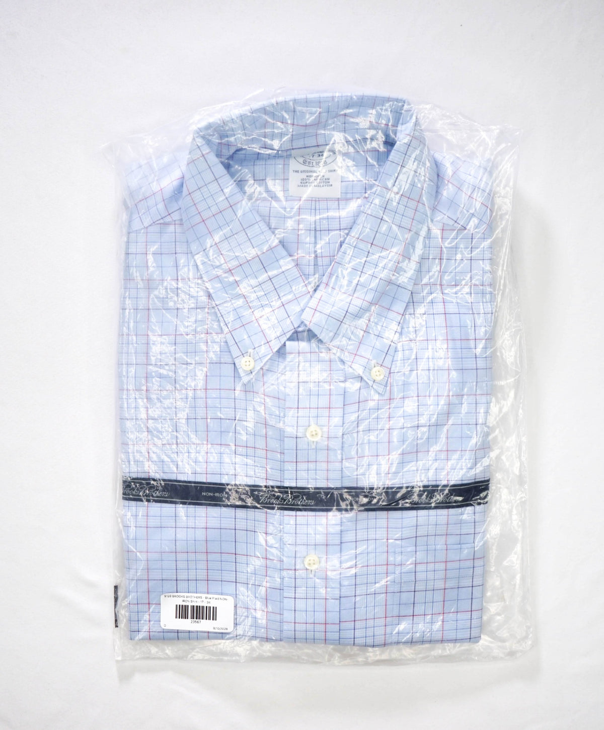 $128 BROOKS BROTHERS - Blue Plaid NON-IRON Shirt - 17 - 34