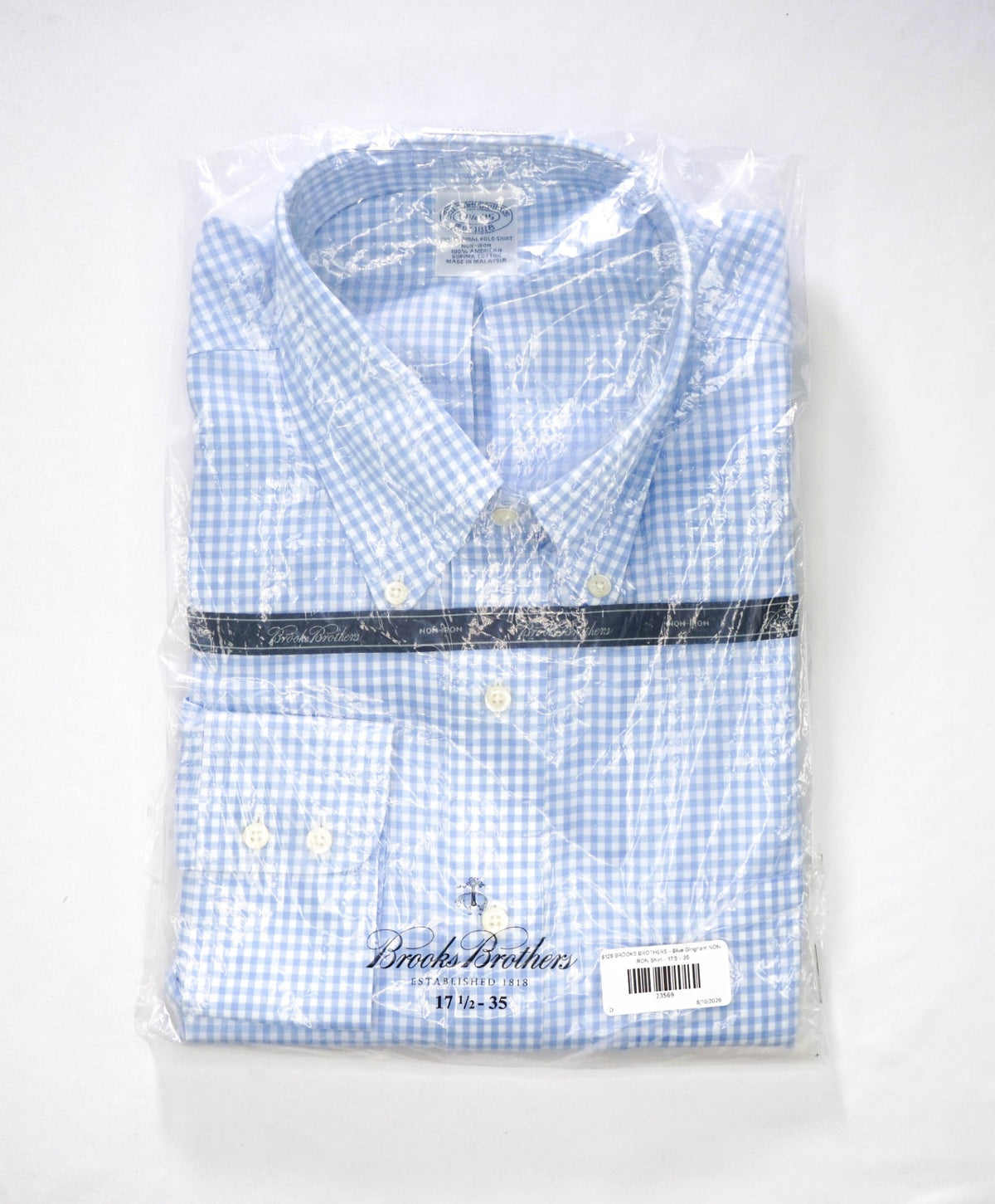 $128 BROOKS BROTHERS - Blue Gingham NON-IRON Shirt - 17.5 - 35