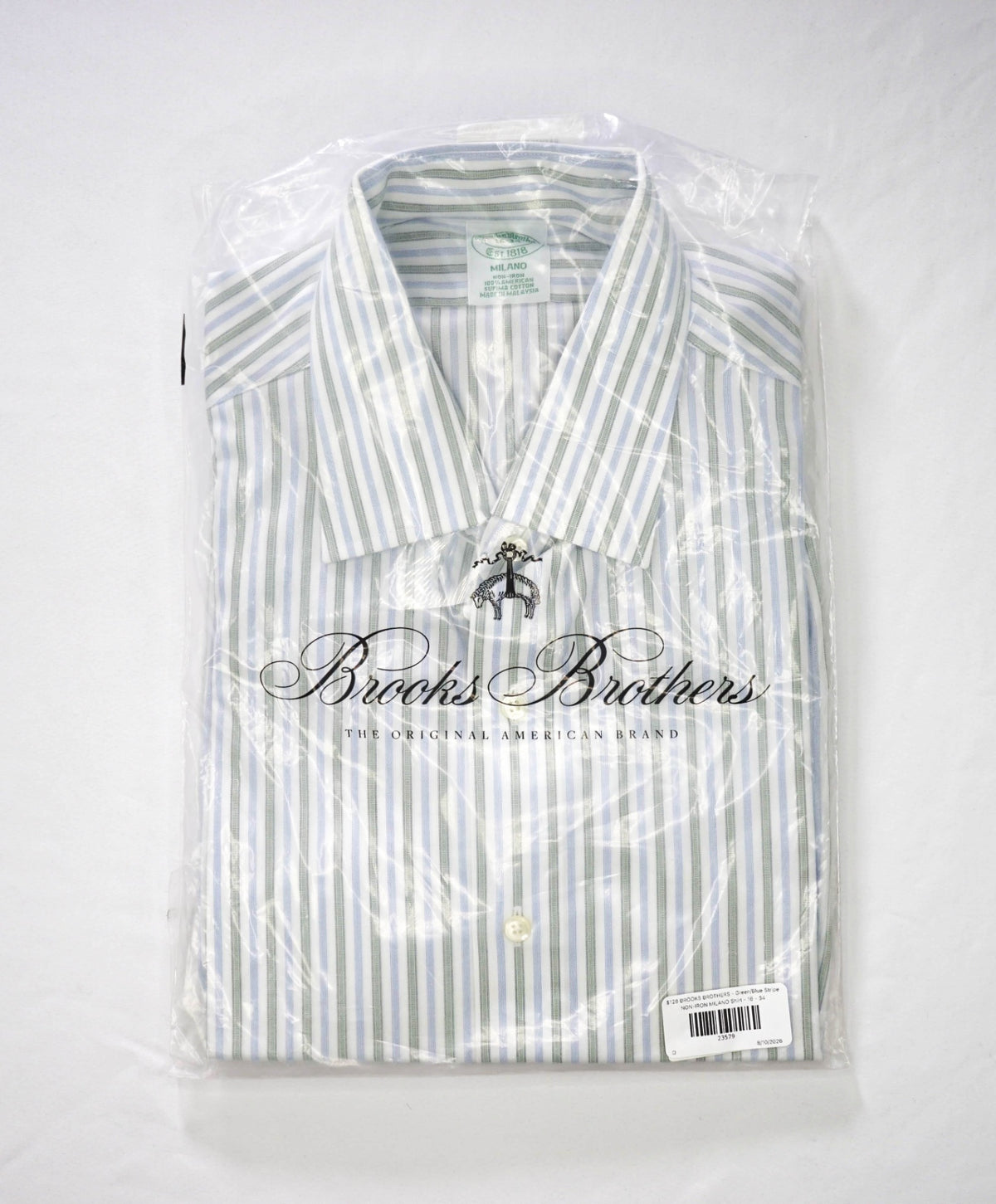 $128 BROOKS BROTHERS - Green/Blue Stripe NON-IRON MILANO Shirt - 16 - 34