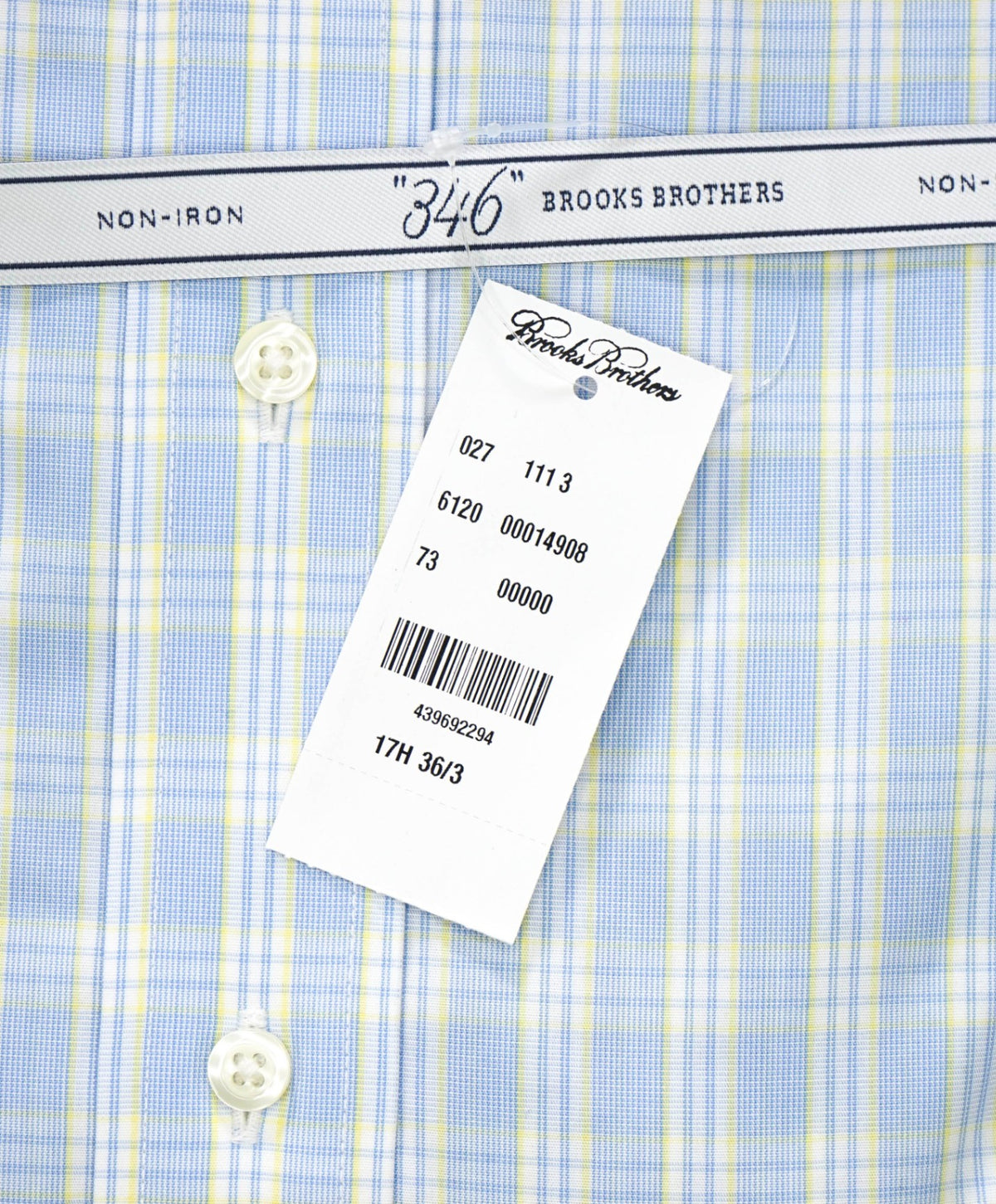 $128 BROOKS BROTHERS - Blue/Yellow Plaid NON-IRON "346" Slim Fit Shirt - 17.5 - 36/37