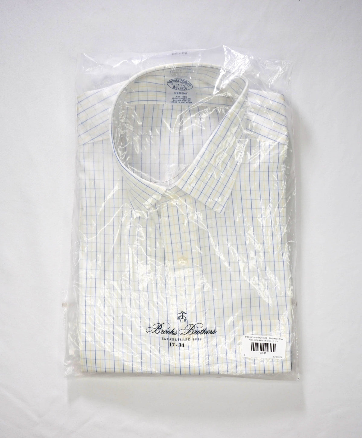 $128 BROOKS BROTHERS - Blue/Yellow Plaid NON-IRON REGENT Shirt - 17 - 34