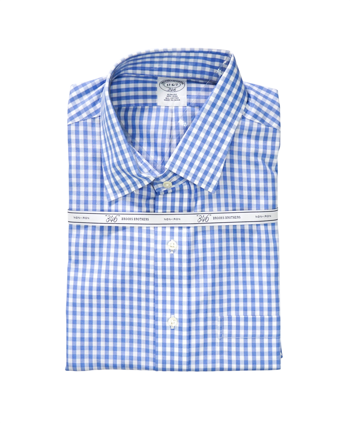$128 BROOKS BROTHERS - Blue Gingham NON-IRON "346" SLIM FIT Shirt - 17 - 36/37