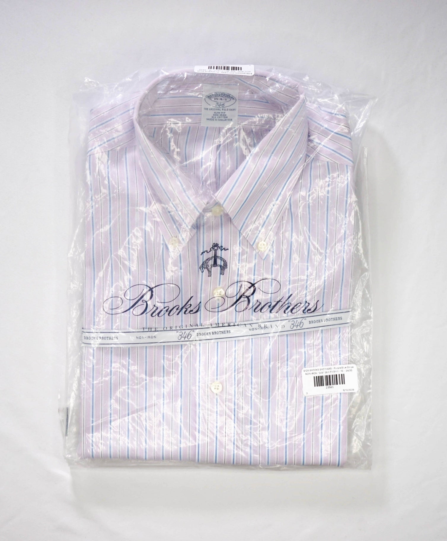 $128 BROOKS BROTHERS - Purple/Blue Stripe NON-IRON "346" Slim Fit Shirt - 15 - 34/35