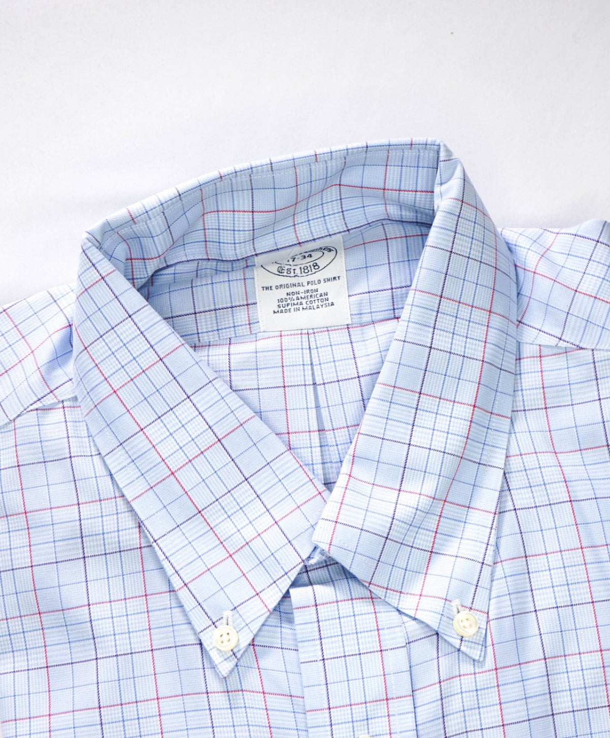 $128 BROOKS BROTHERS - Blue Plaid NON-IRON Shirt - 17 - 34
