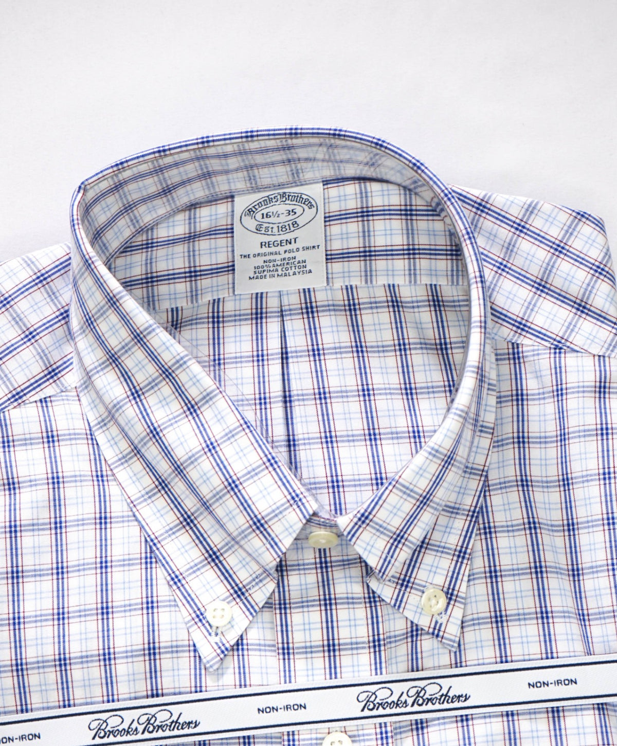 $128 BROOKS BROTHERS - Blue Plaid NON-IRON REGENT Shirt - 16.5 - 35