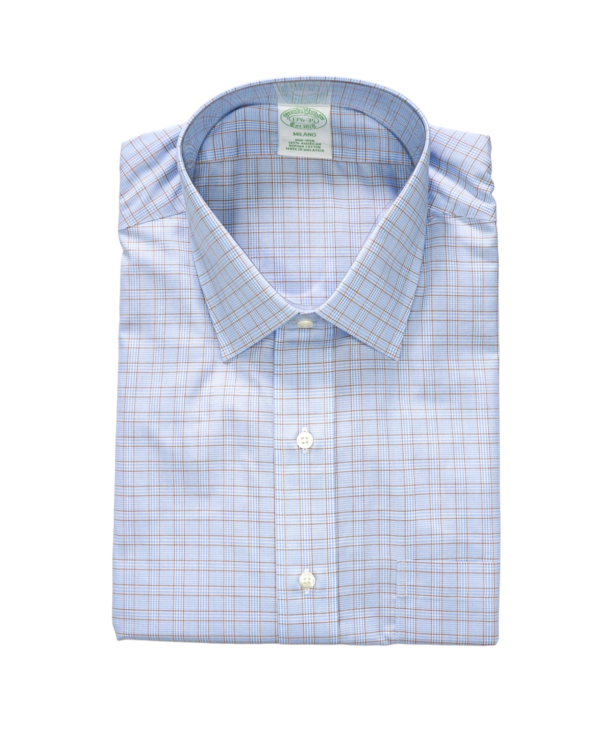 $128 BROOKS BROTHERS - Blue Plaid NON-IRON MILANO Shirt - 17.5 - 35