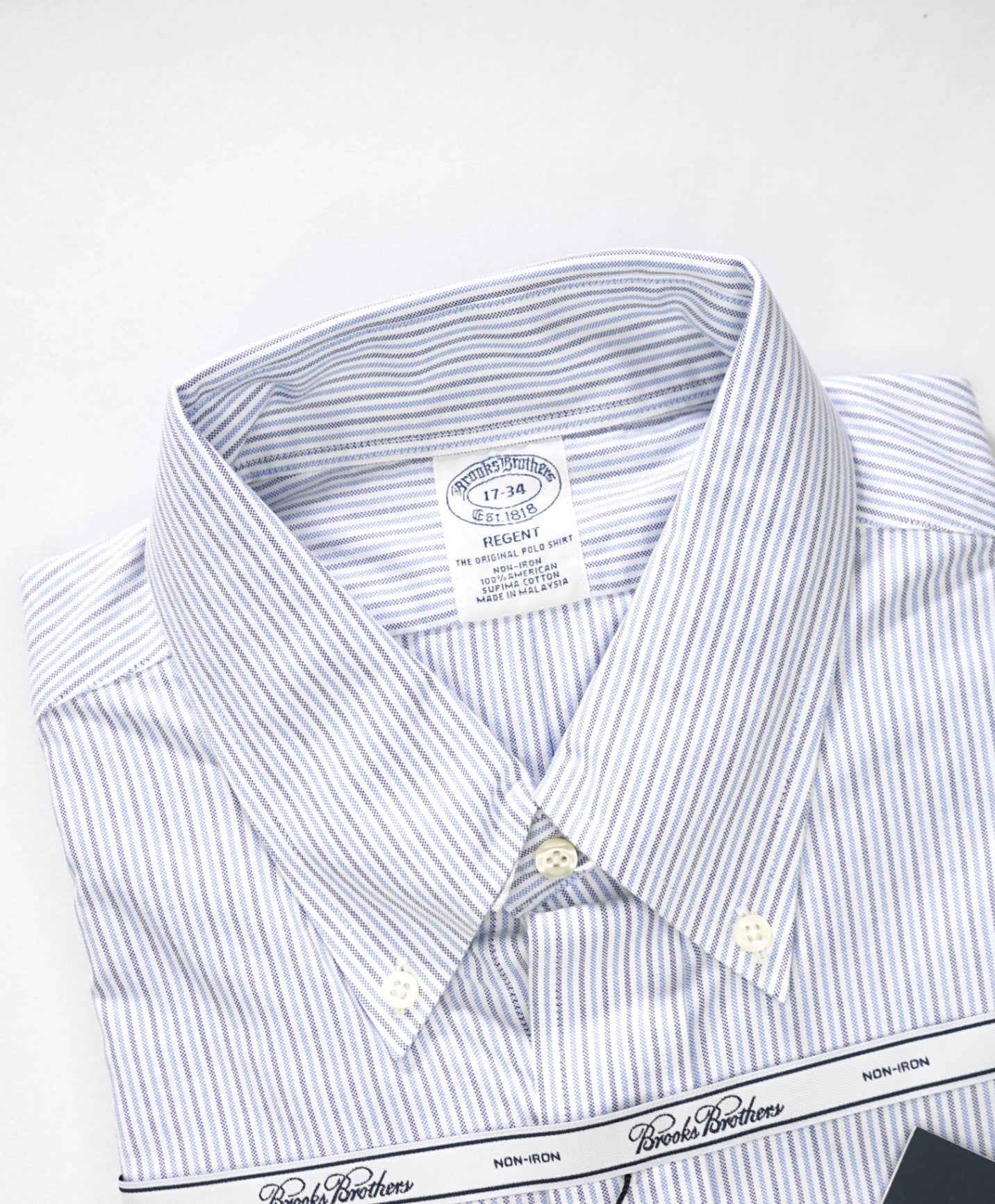 $128 BROOKS BROTHERS - Blue Stripe NON-IRON REGENT Shirt - 17 - 34