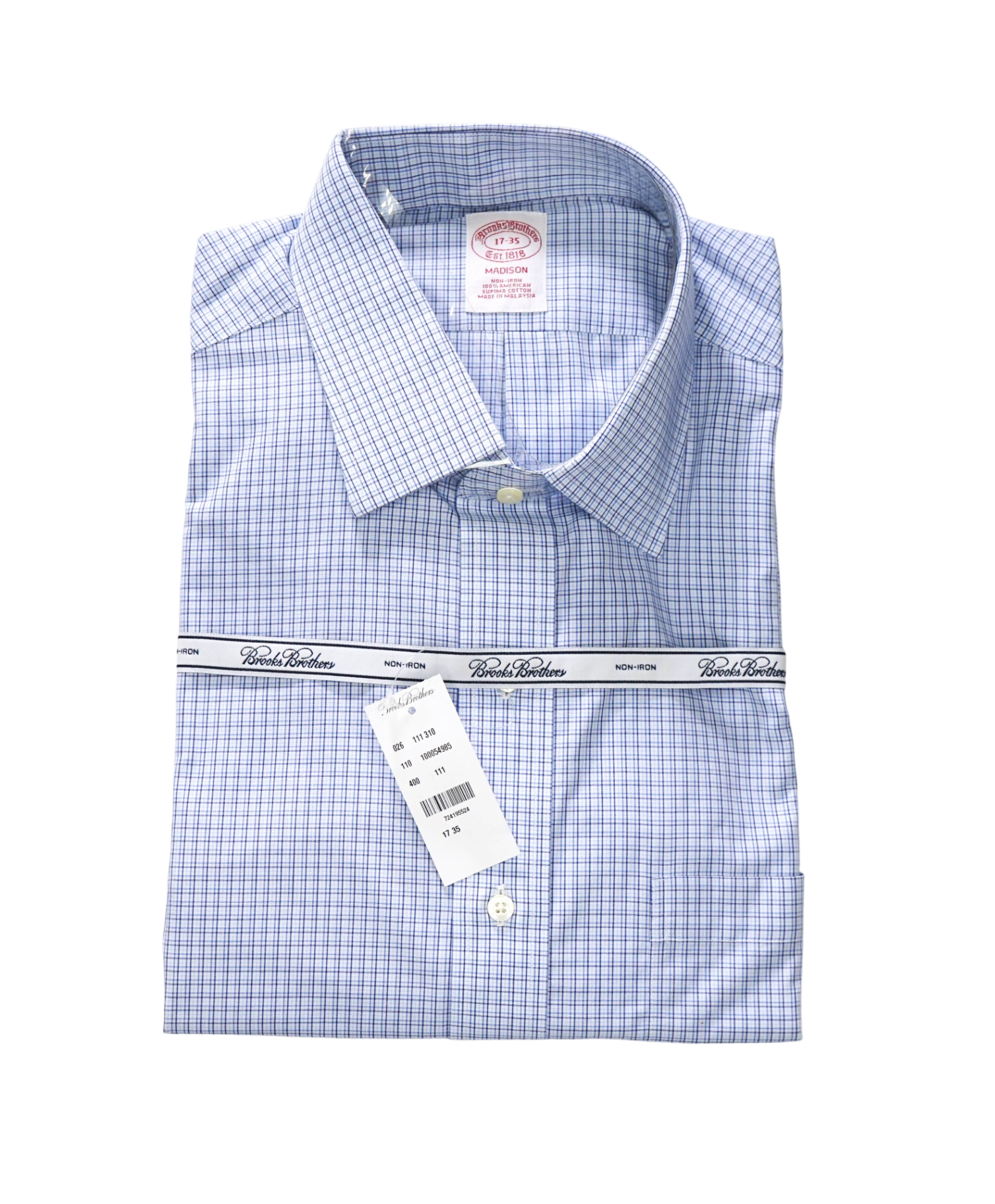 $128 BROOKS BROTHERS - Blue Micro Plaid NON-IRON MADISON Shirt - 17 - 35