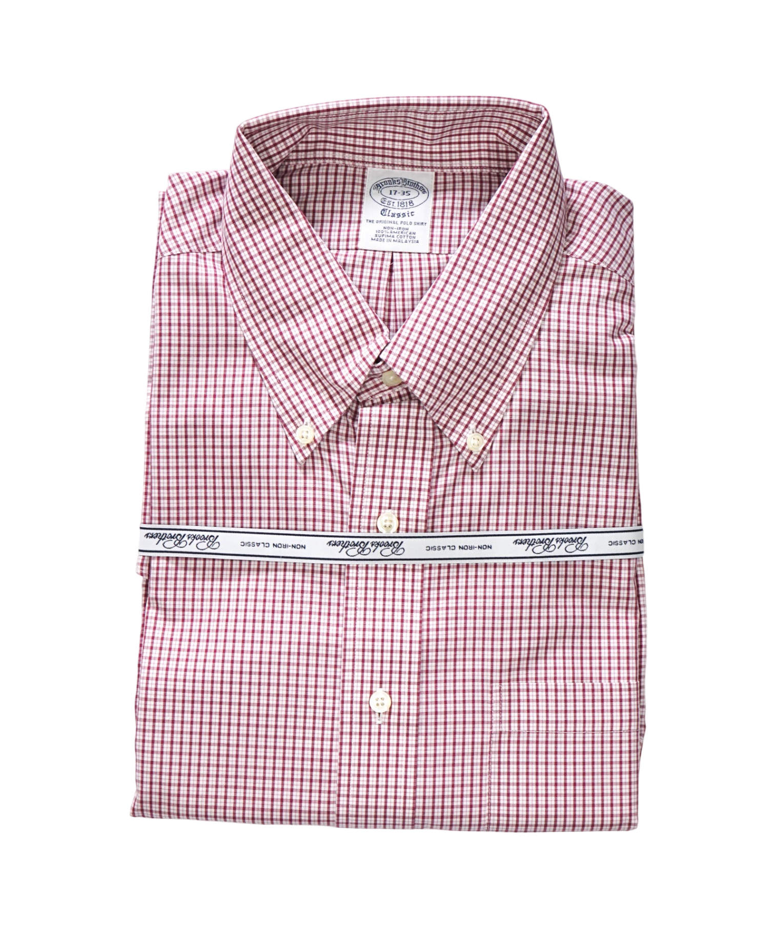 $128 BROOKS BROTHERS - Red Micro Plaid NON-IRON CLASSIC Shirt - 17 - 35