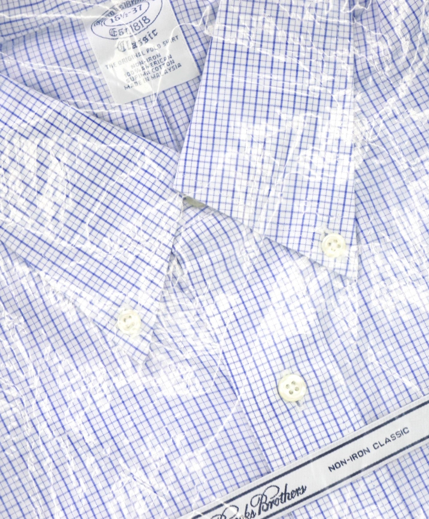 $128 BROOKS BROTHERS - Blue Micro Plaid NON-IRON CLASSIC Shirt - 16.5 - 37