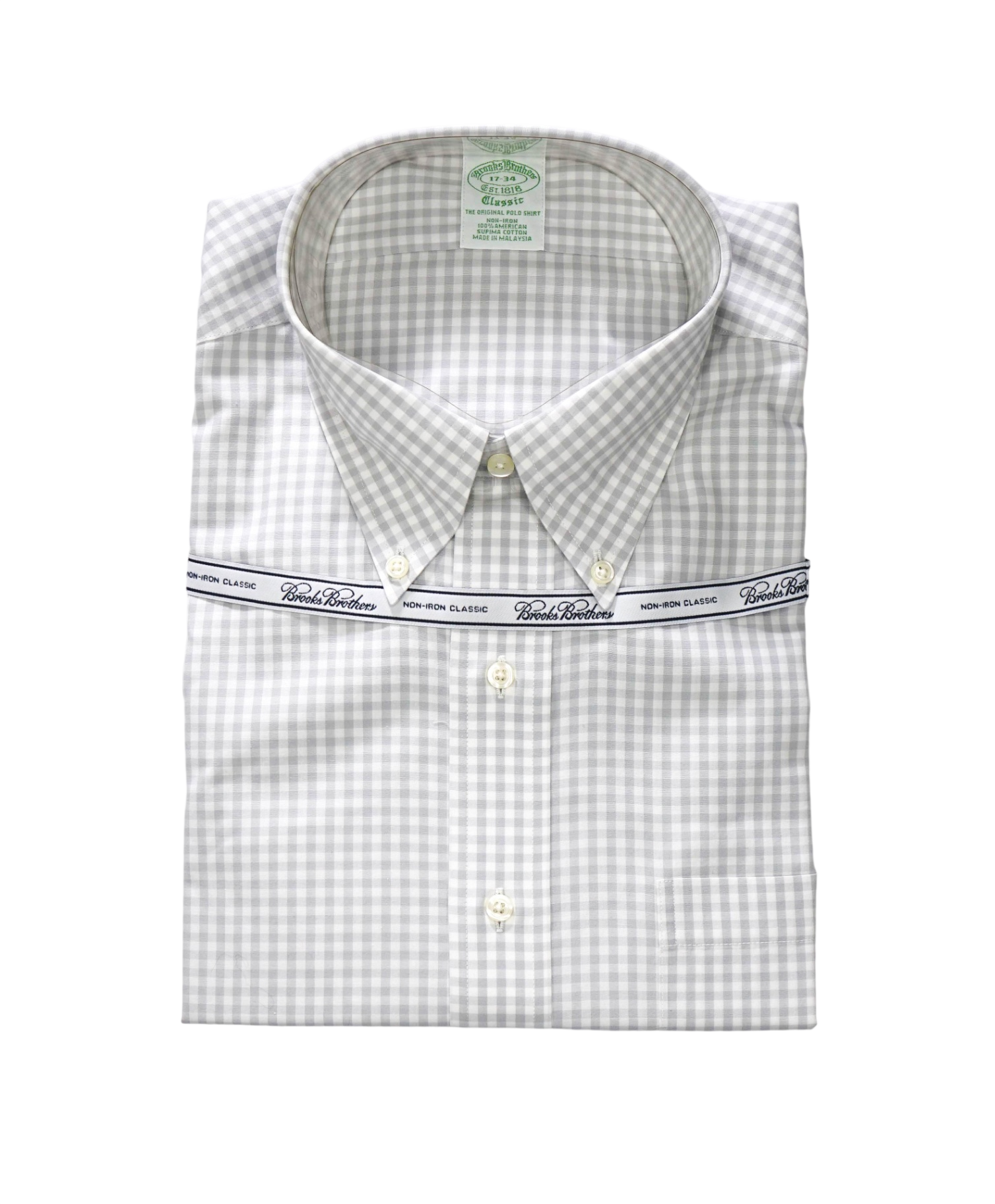 $128 BROOKS BROTHERS - Light Gray Gingham NON-IRON CLASSIC Shirt - 17 - 34