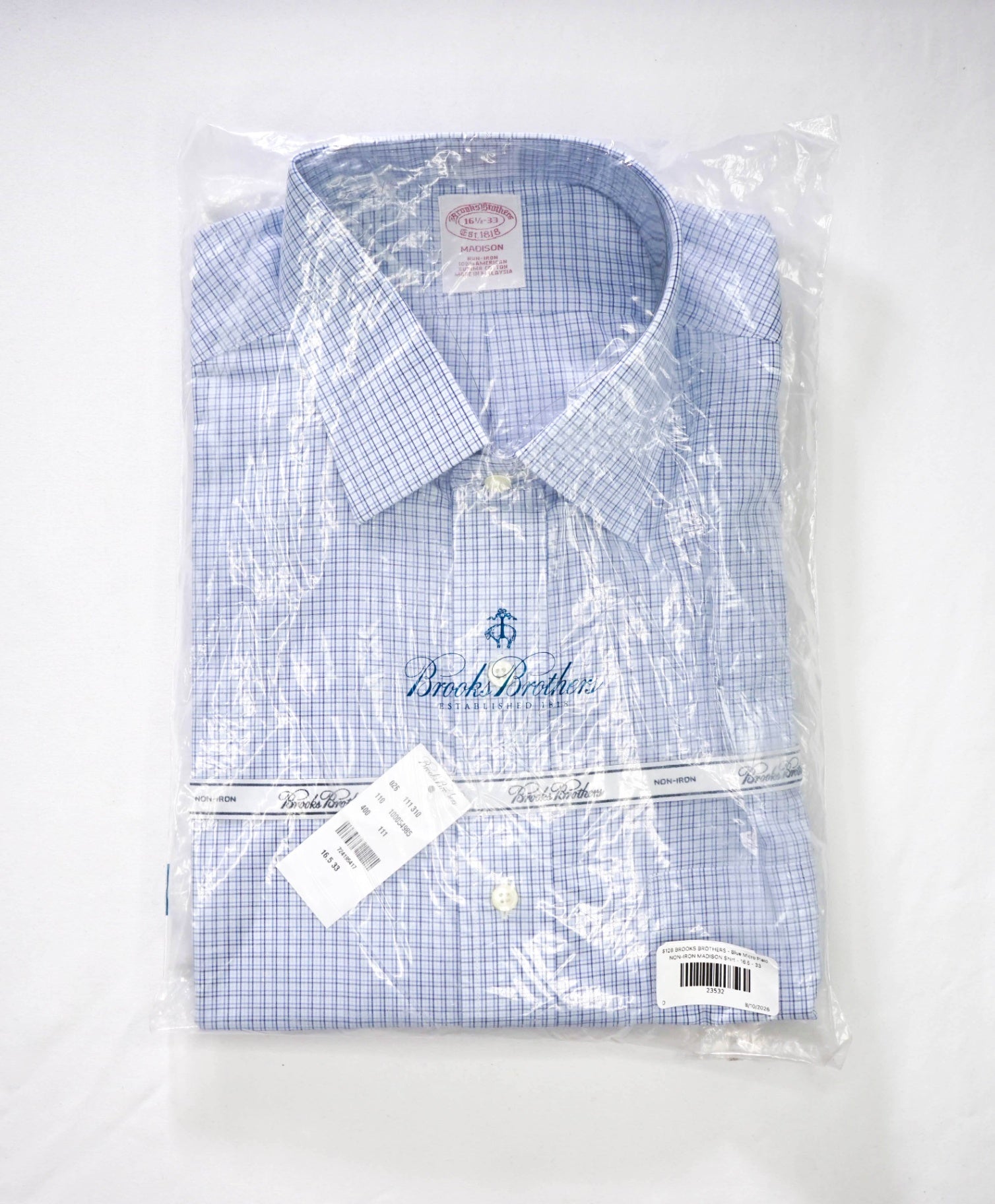 $128 BROOKS BROTHERS - Blue Micro Plaid NON-IRON MADISON Shirt - 16.5 - 33