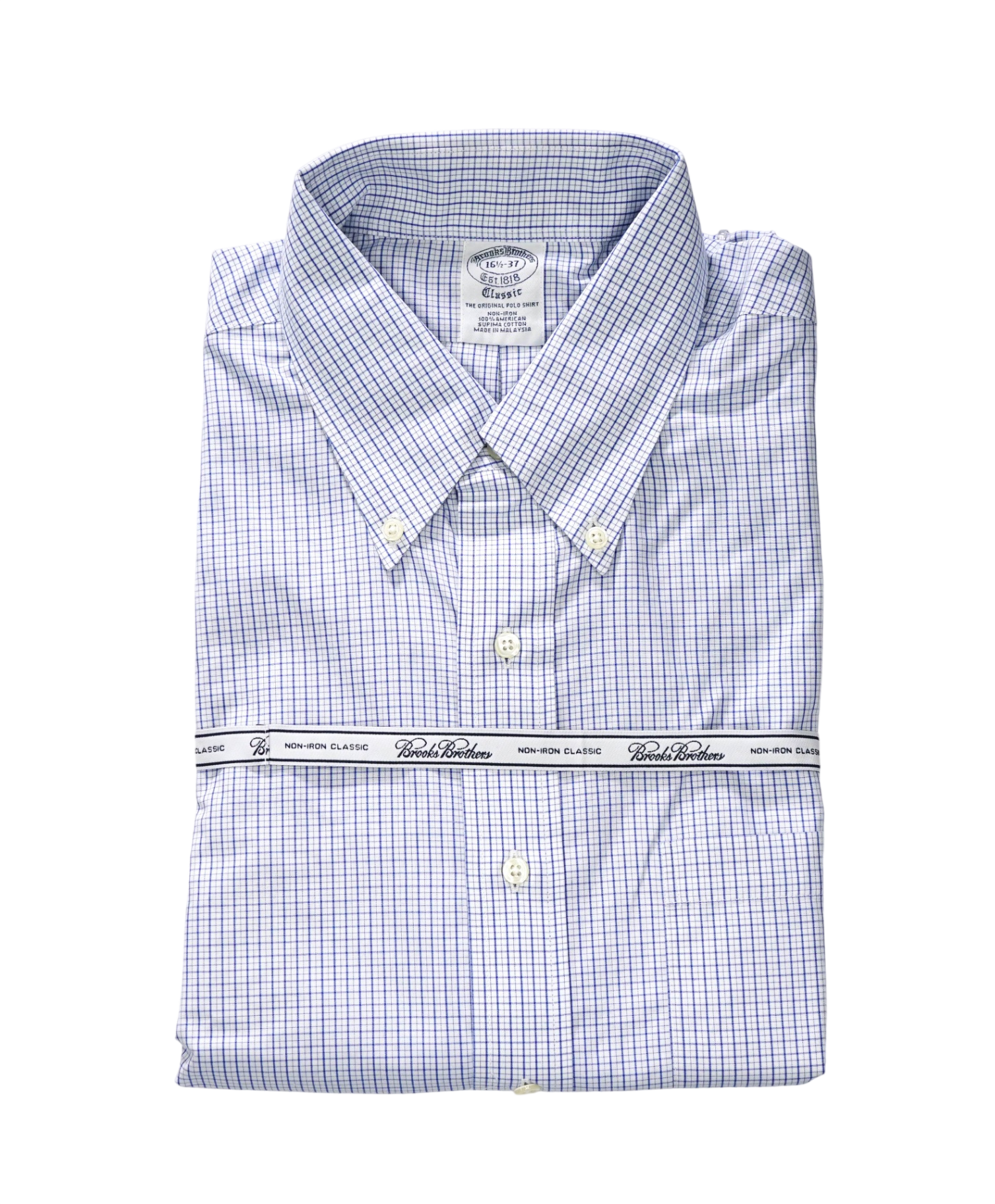 $128 BROOKS BROTHERS - Blue Micro Plaid NON-IRON CLASSIC Shirt - 16.5 - 37