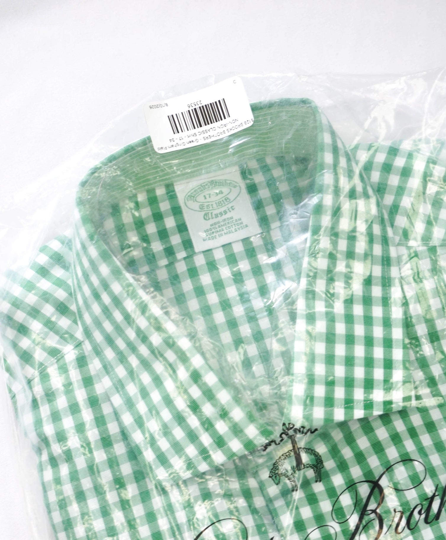 $128 BROOKS BROTHERS - Green Gingham NON-IRON CLASSIC Shirt - 17 - 34