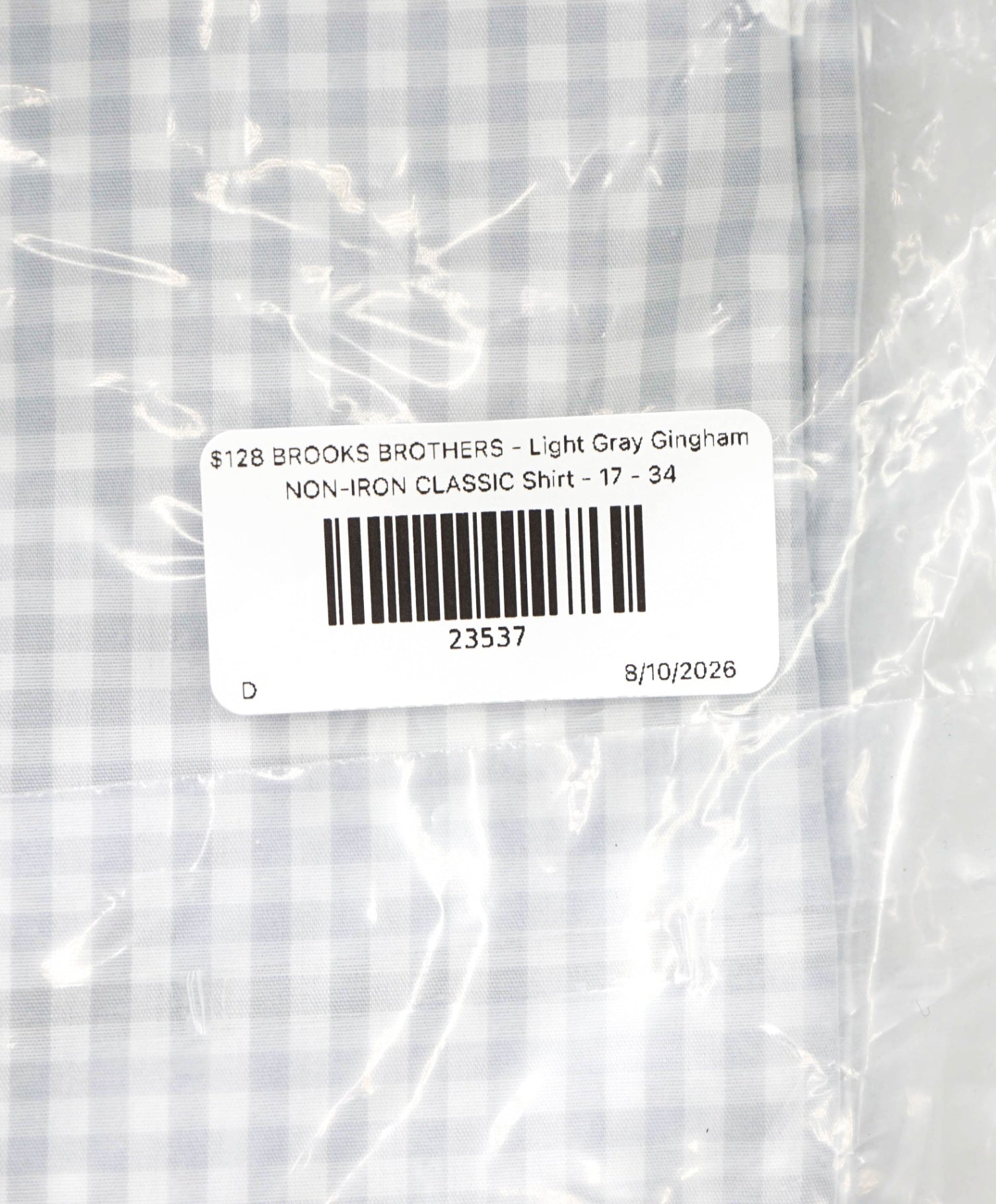 $128 BROOKS BROTHERS - Light Gray Gingham NON-IRON CLASSIC Shirt - 17 - 34