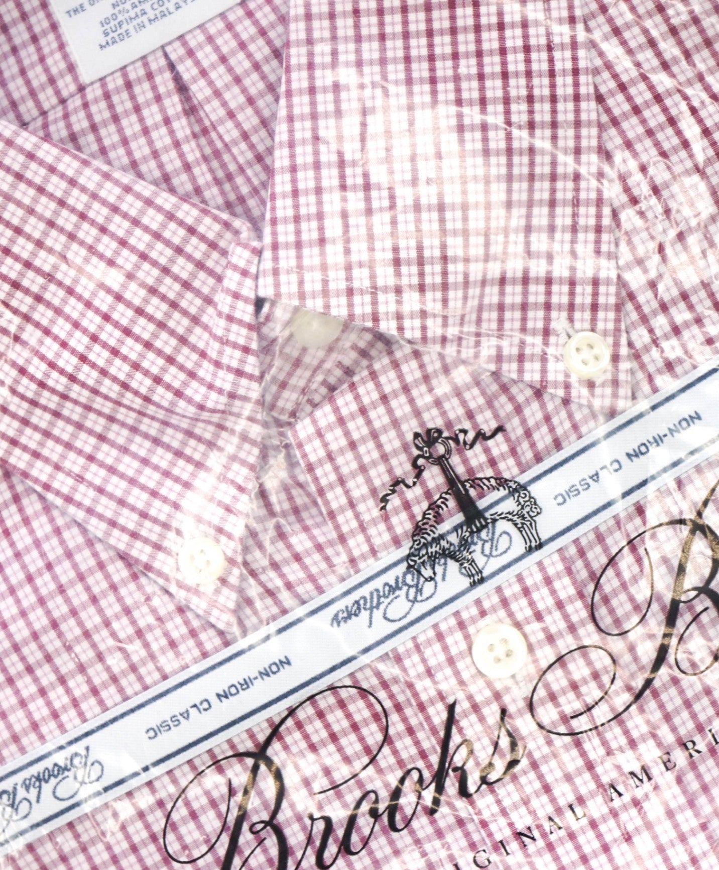 $128 BROOKS BROTHERS - Red Micro Plaid NON-IRON CLASSIC Shirt - 17 - 35