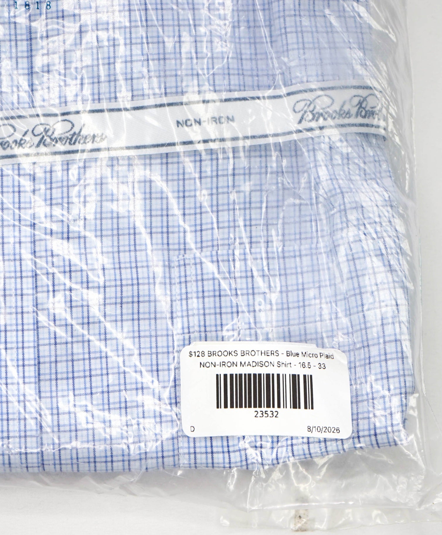 $128 BROOKS BROTHERS - Blue Micro Plaid NON-IRON MADISON Shirt - 16.5 - 33