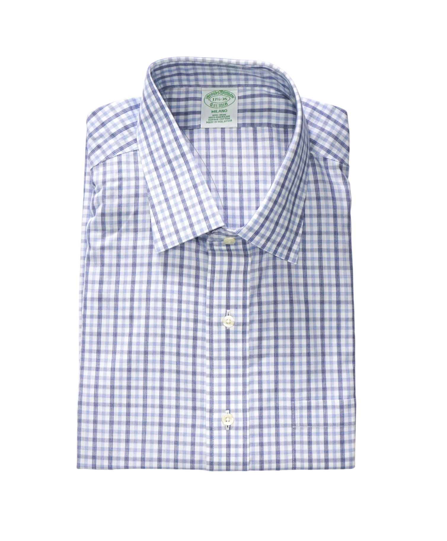 $128 BROOKS BROTHERS - Blue Plaid NON-IRON MILANO Shirt - 17.5 - 35